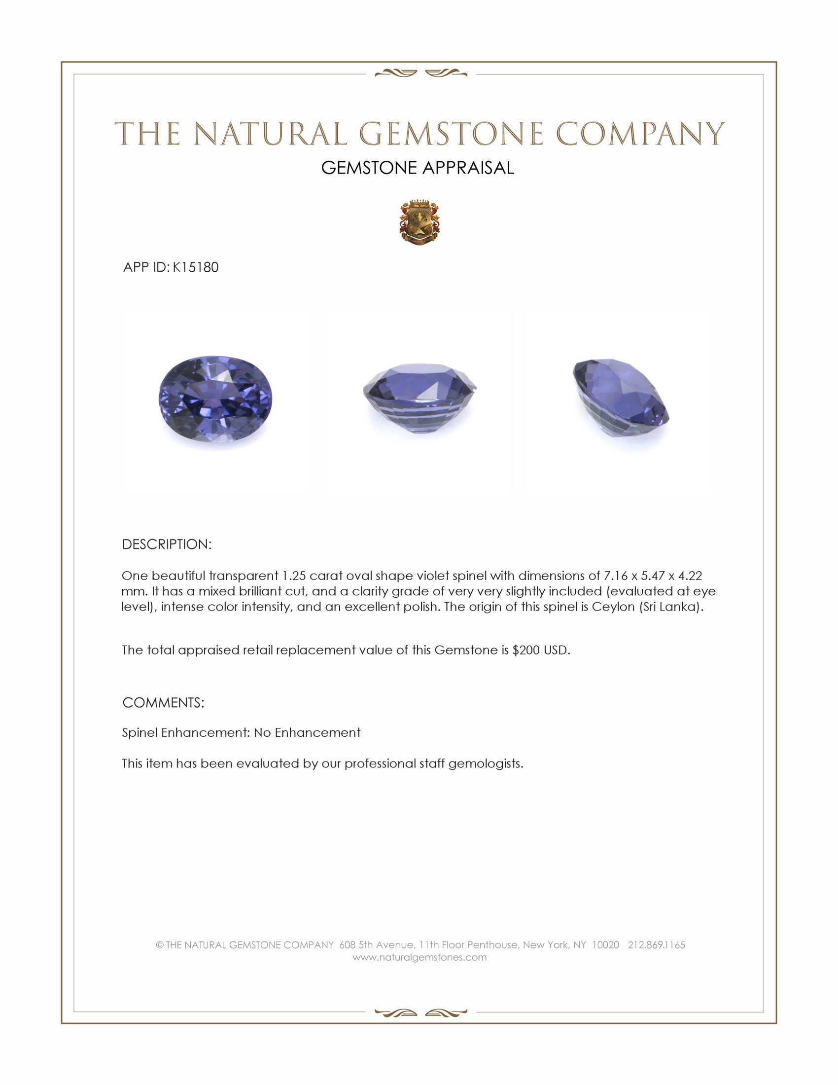 1.25 Ct. Violet Spinel from Ceylon (Sri Lanka)
