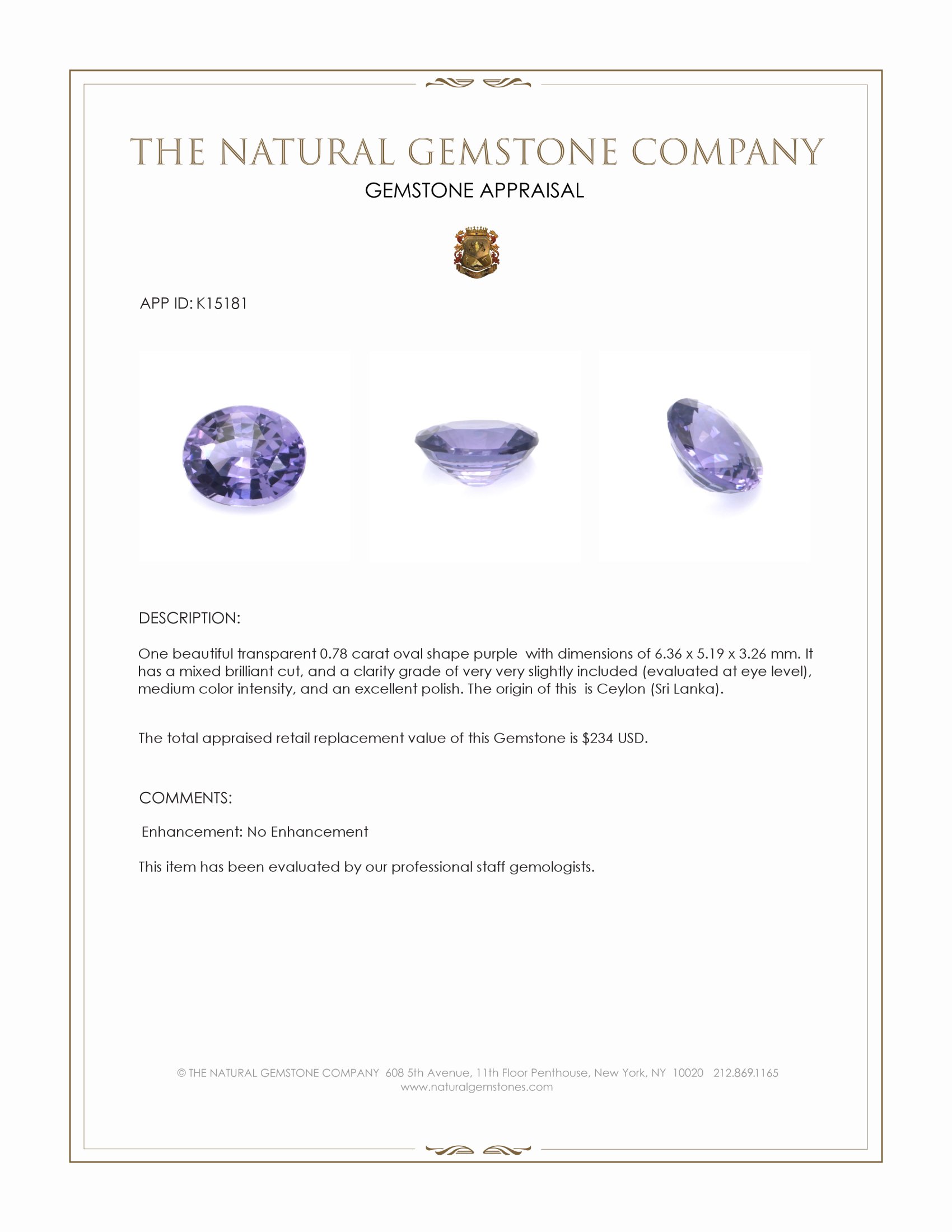 0.78 Ct. Purple Spinel from Ceylon (Sri Lanka)