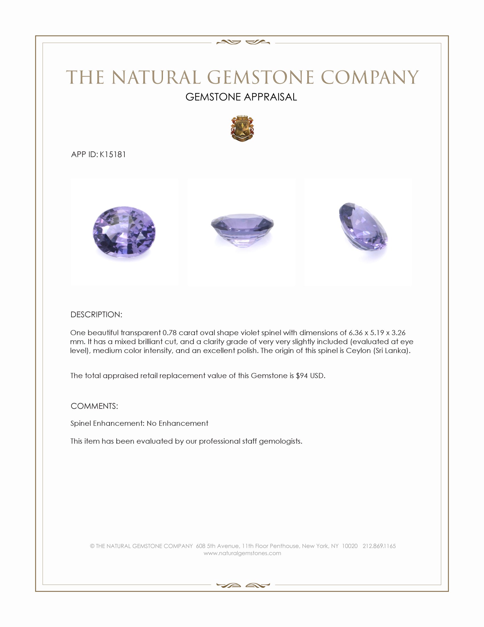 0.78 Ct. Violet Spinel from Ceylon (Sri Lanka)