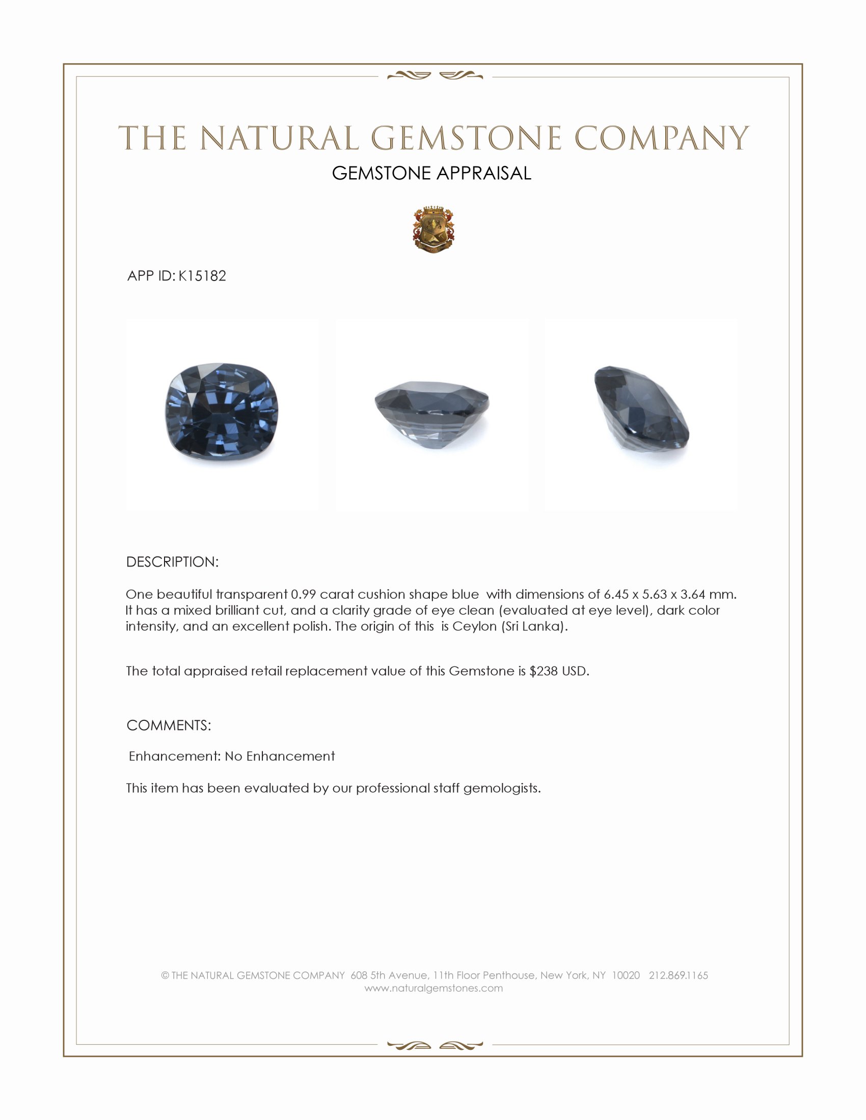 0.99 Ct. Blue Spinel from Ceylon (Sri Lanka)
