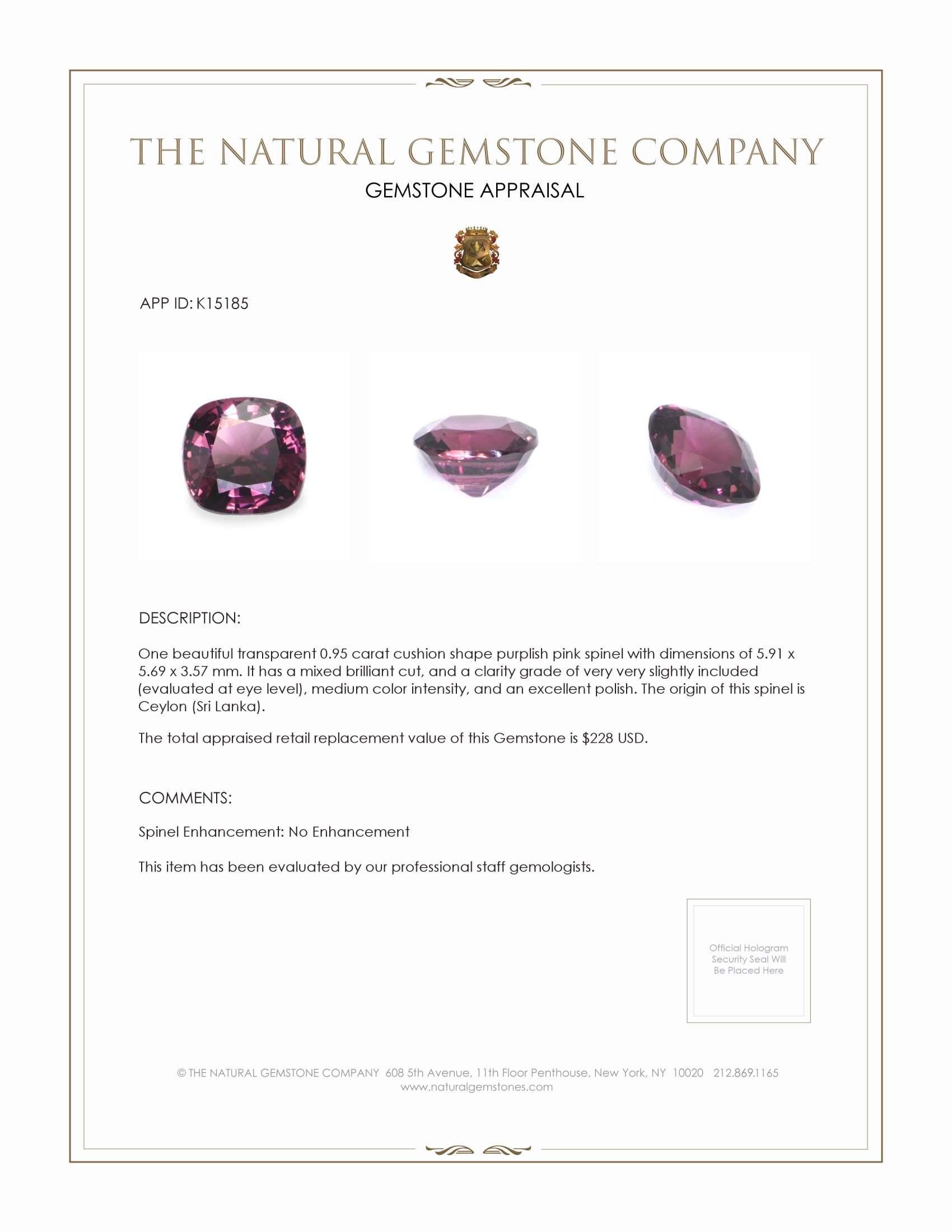 0.95 Ct. Purplish Pink Spinel from Ceylon (Sri Lanka)