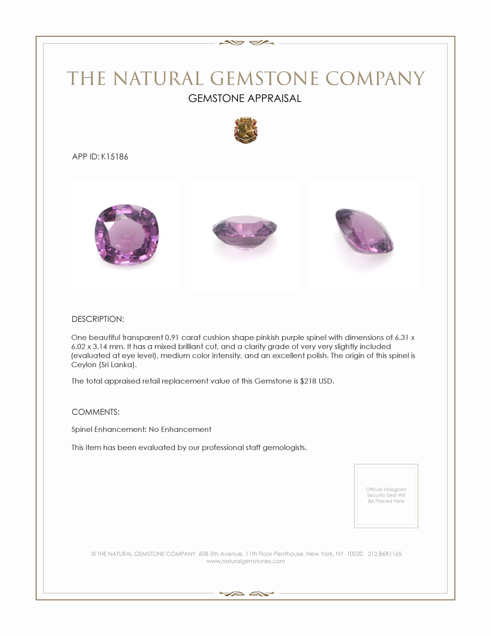 0.91 Ct. Pinkish Purple Spinel from Ceylon (Sri Lanka)