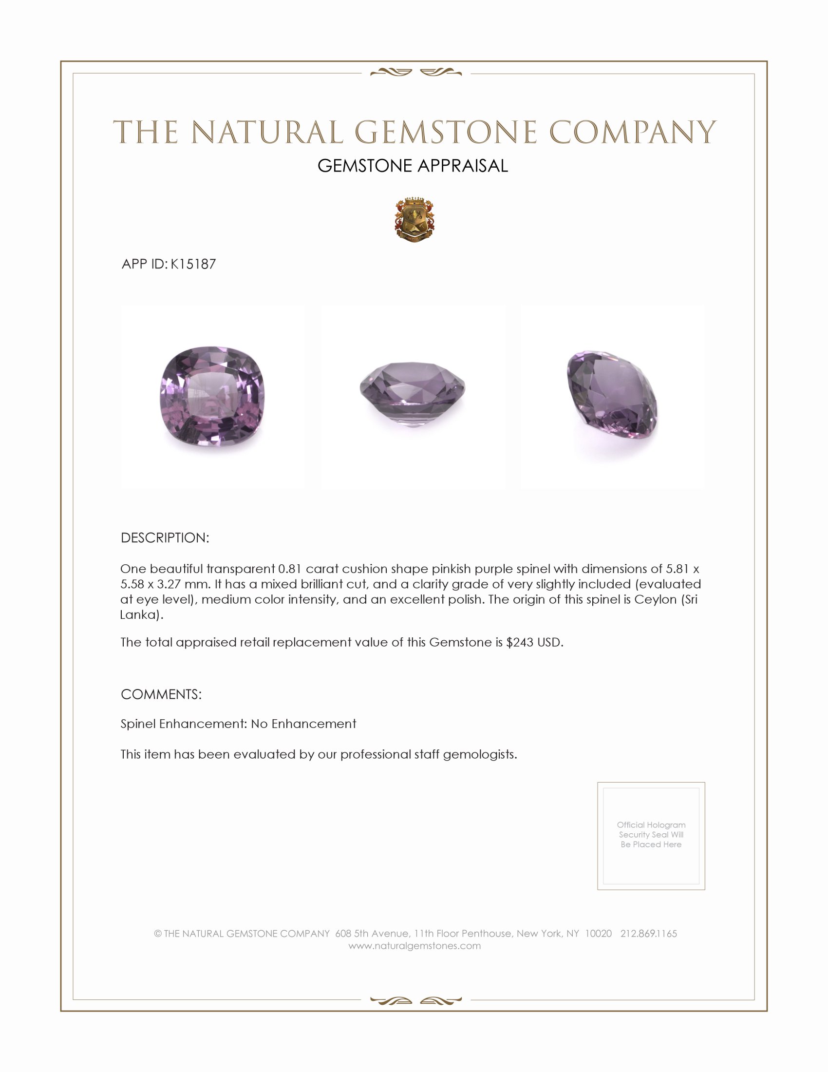 0.81 Ct. Pinkish Purple Spinel from Ceylon (Sri Lanka)