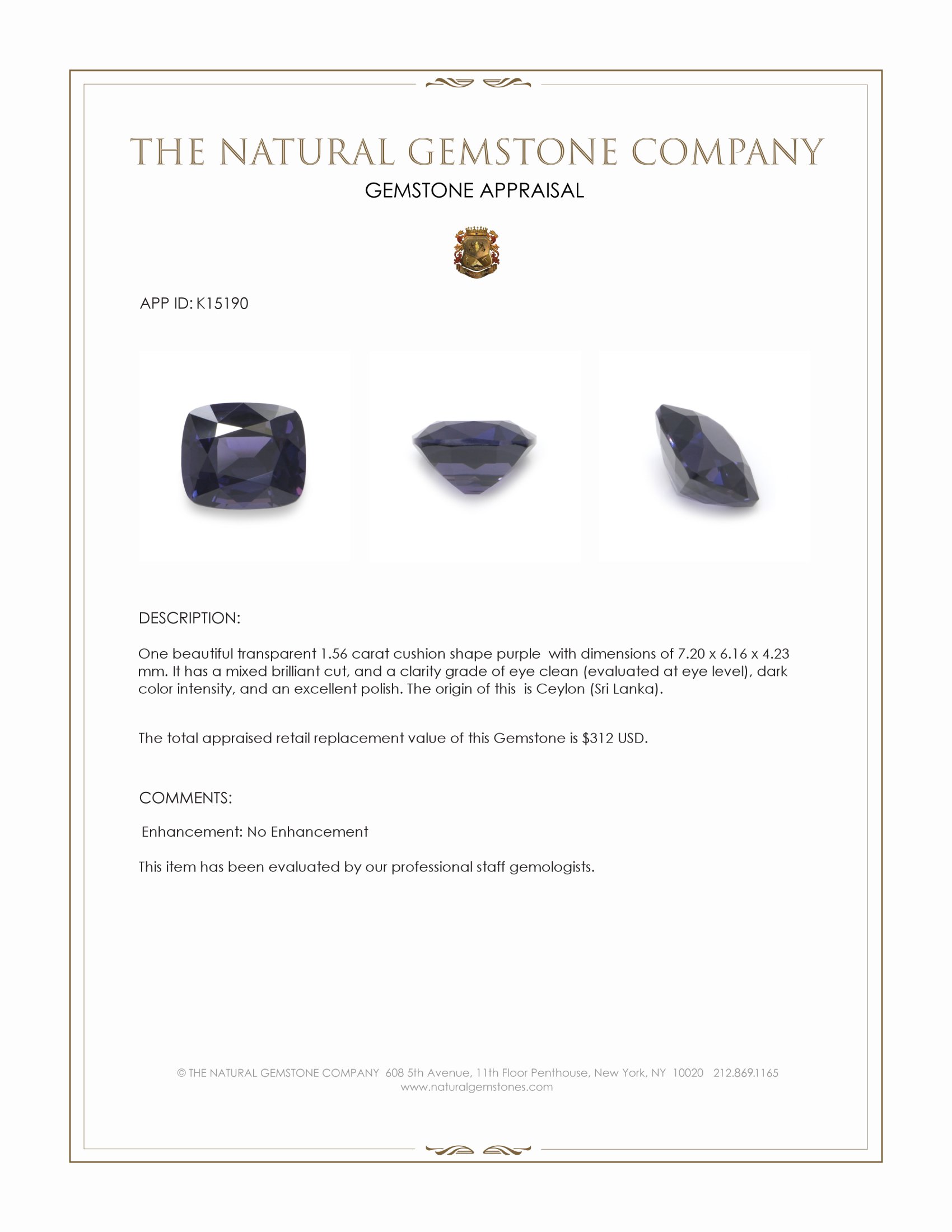 1.56 Ct. Purple Spinel from Ceylon (Sri Lanka)