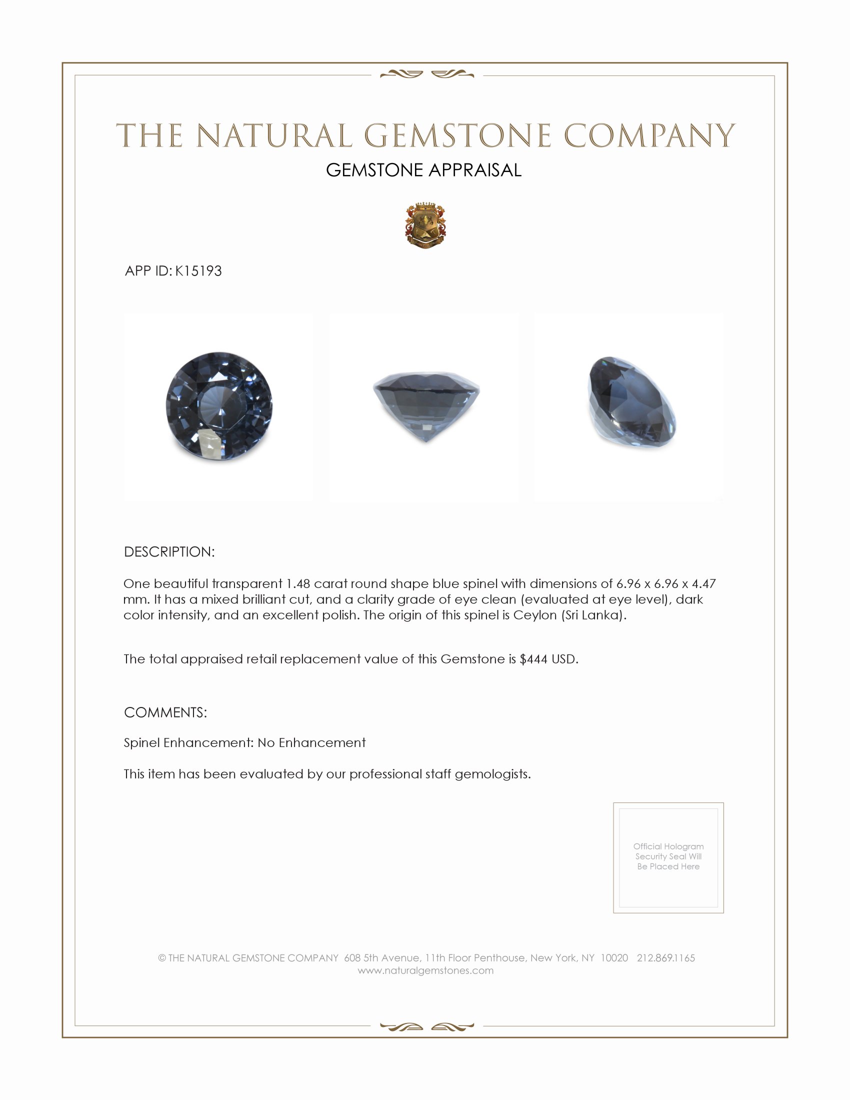 1.48 Ct. Blue Spinel from Ceylon (Sri Lanka)