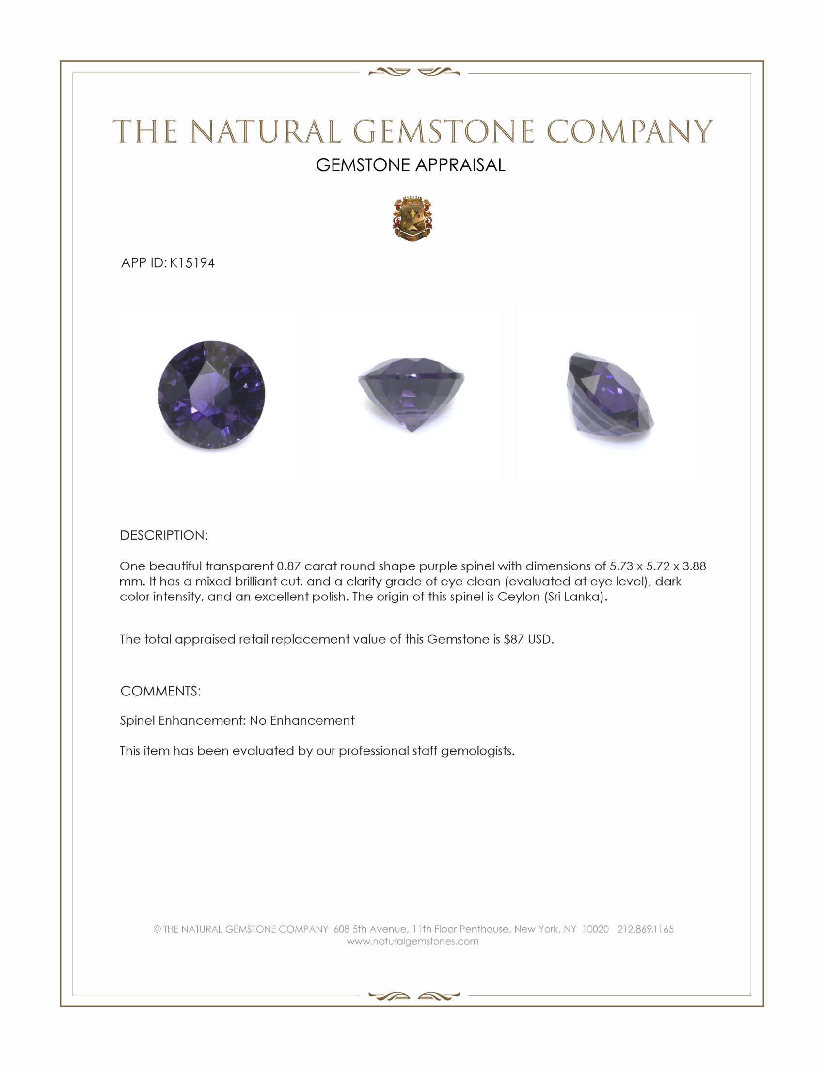 0.87 Ct. Purple Spinel from Ceylon (Sri Lanka)