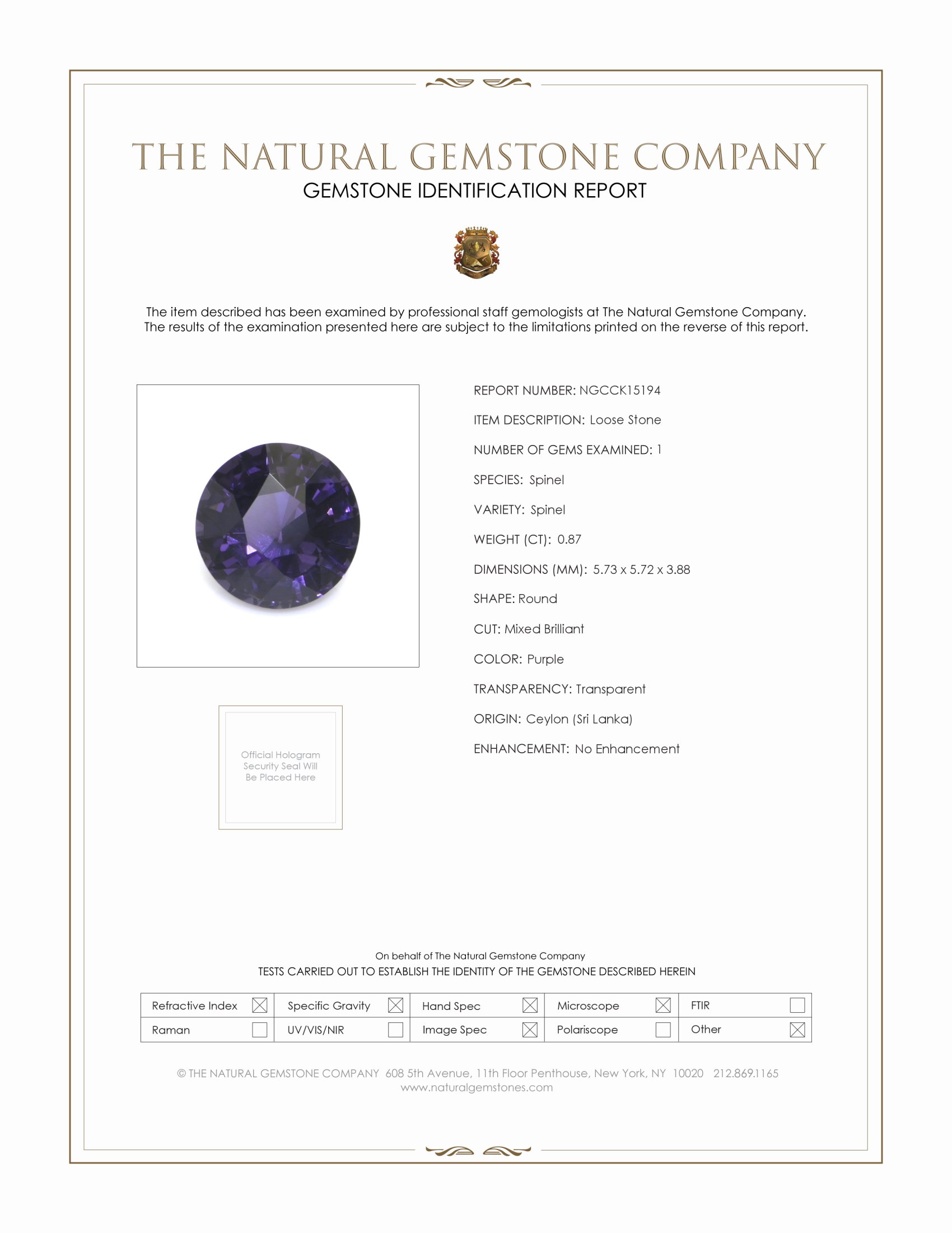 0.87 Ct. Purple Spinel from Ceylon (Sri Lanka)
