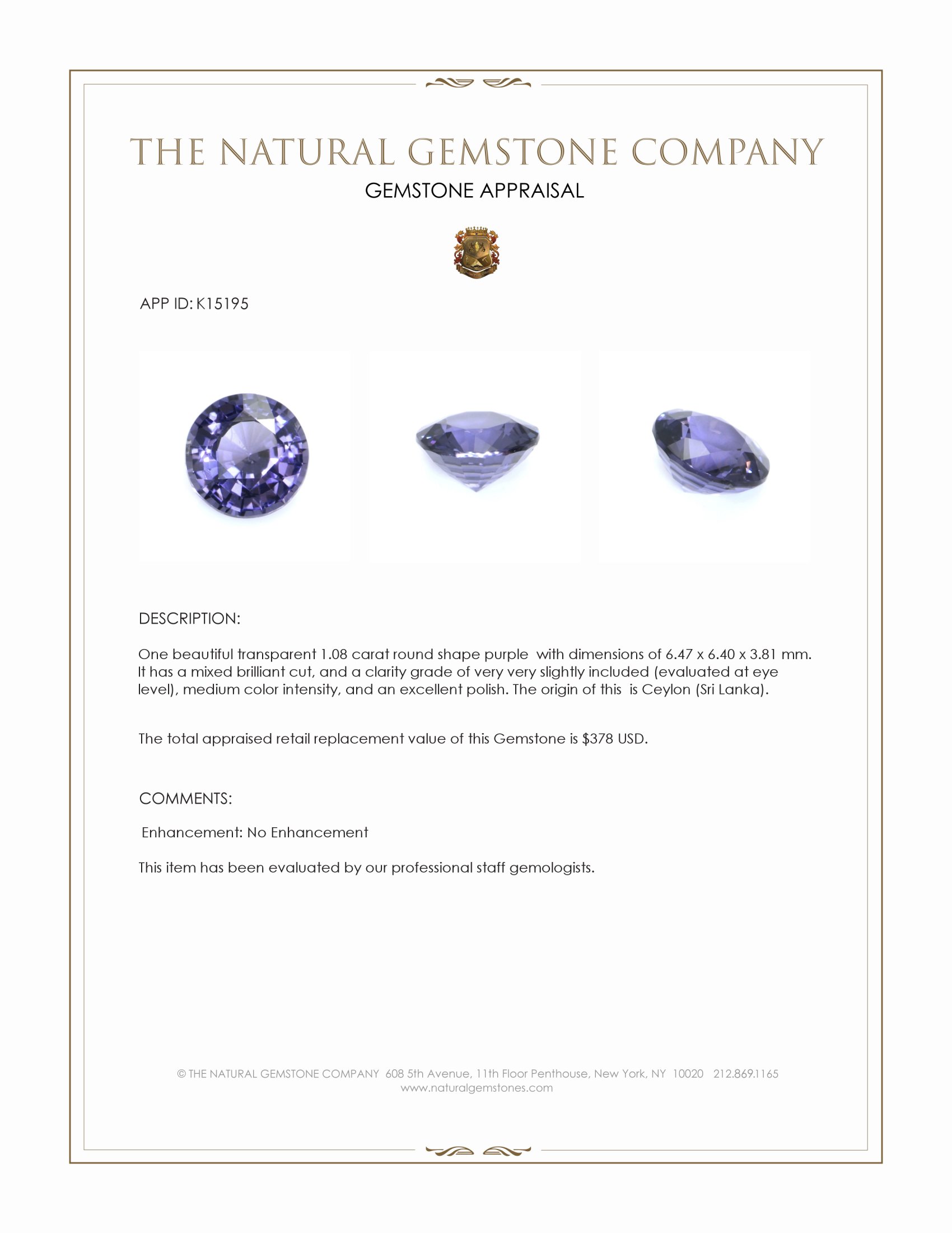 1.08 Ct. Purple Spinel from Ceylon (Sri Lanka)