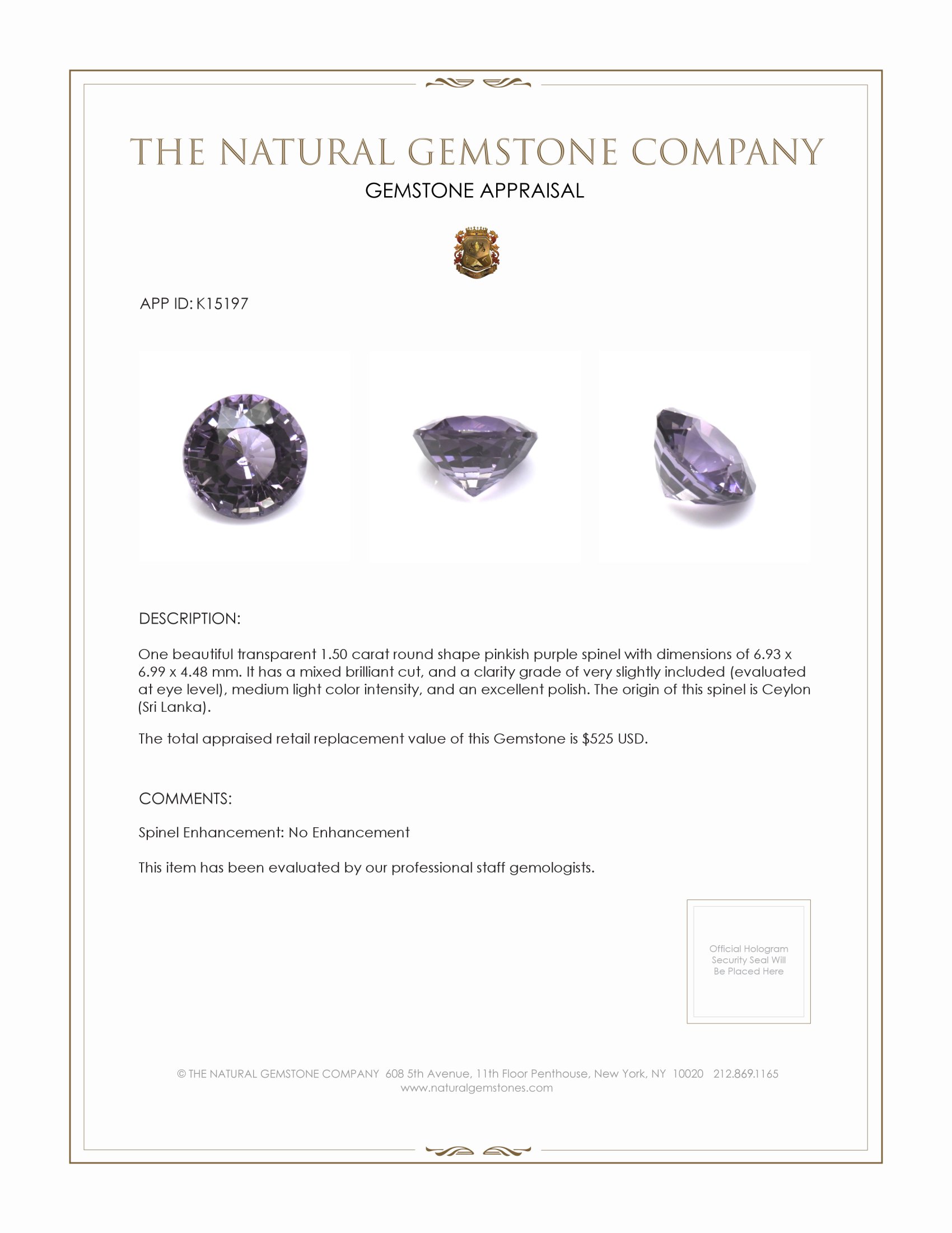 1.50 Ct. Pinkish Purple Spinel from Ceylon (Sri Lanka)
