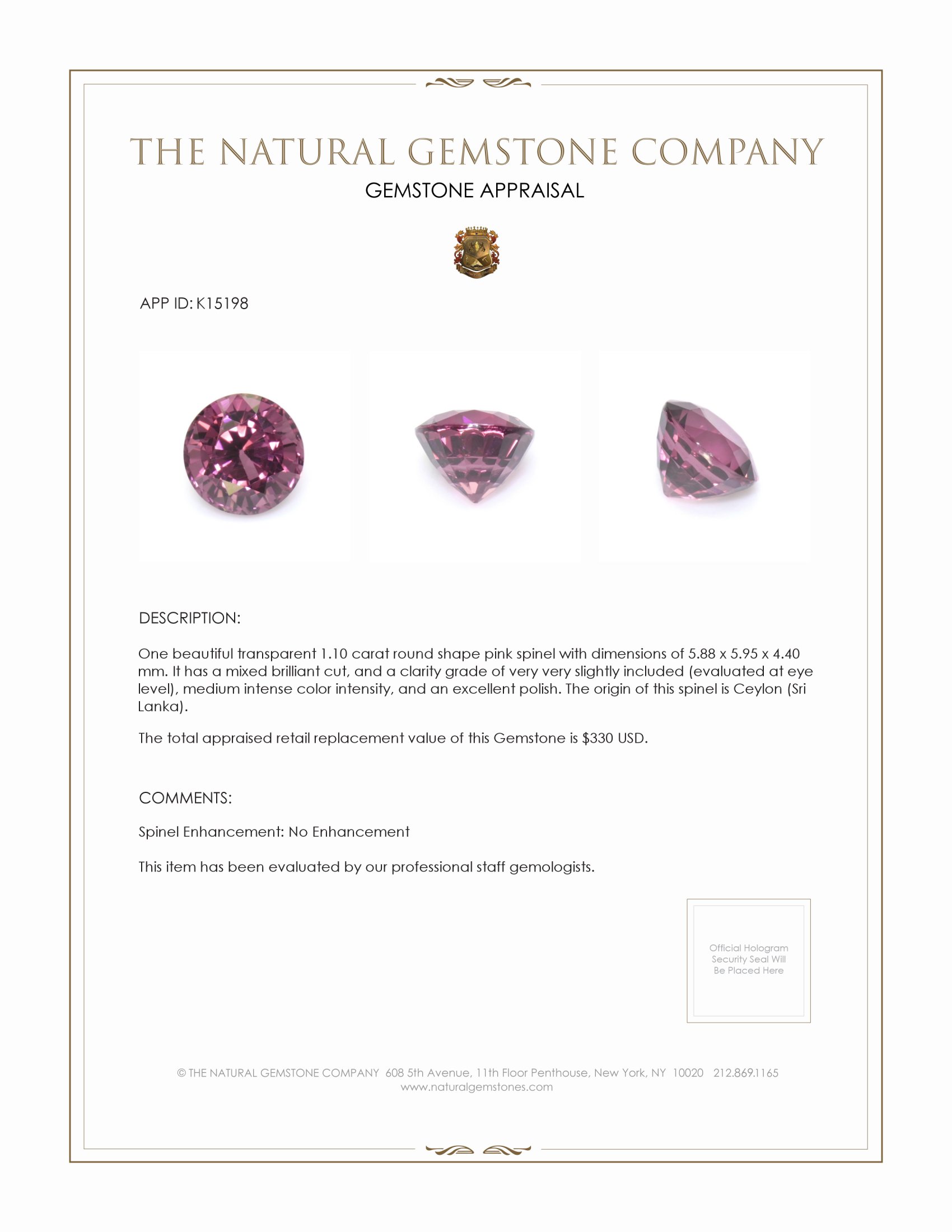 1.10 Ct. Pink Spinel from Ceylon (Sri Lanka)