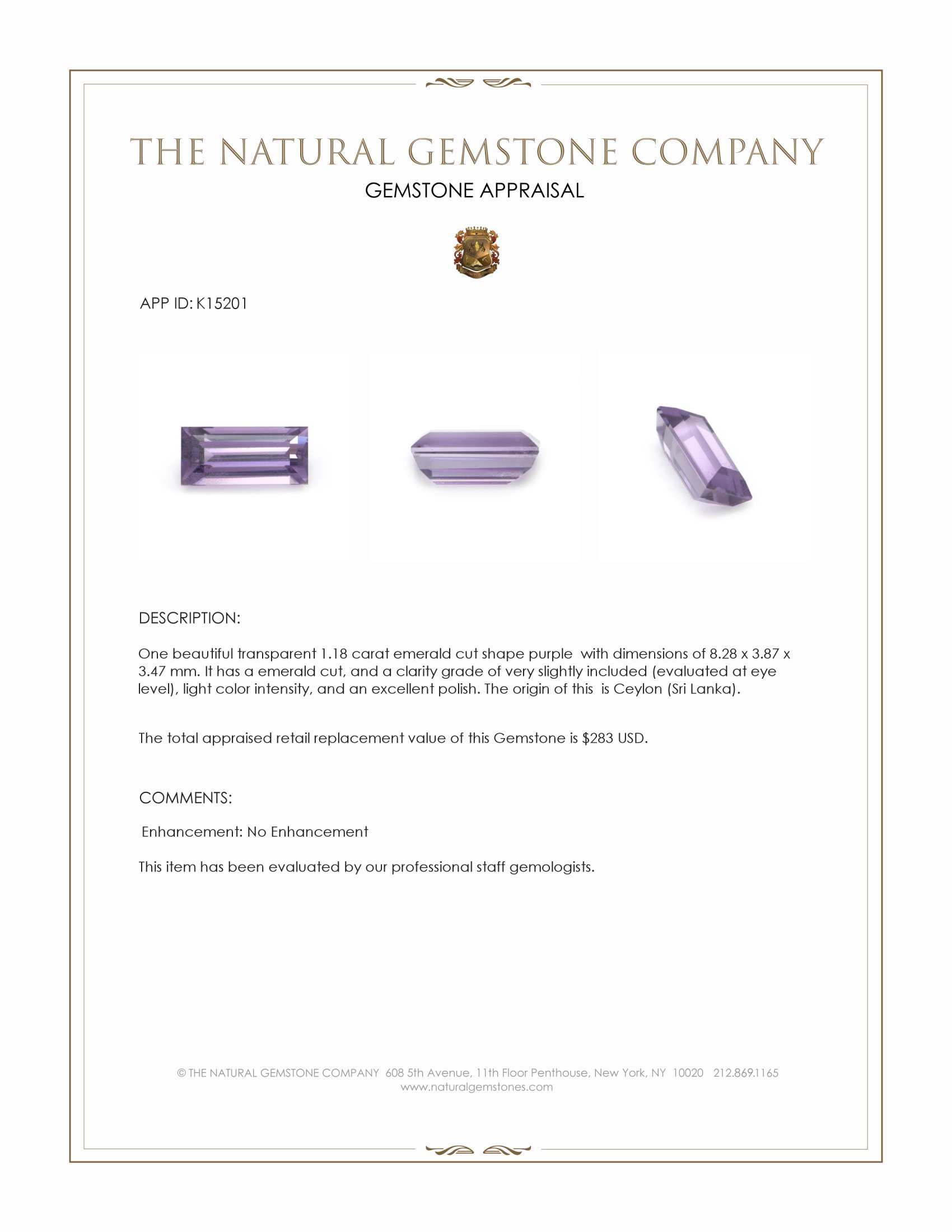 1.18 Ct. Purple Spinel from Ceylon (Sri Lanka)