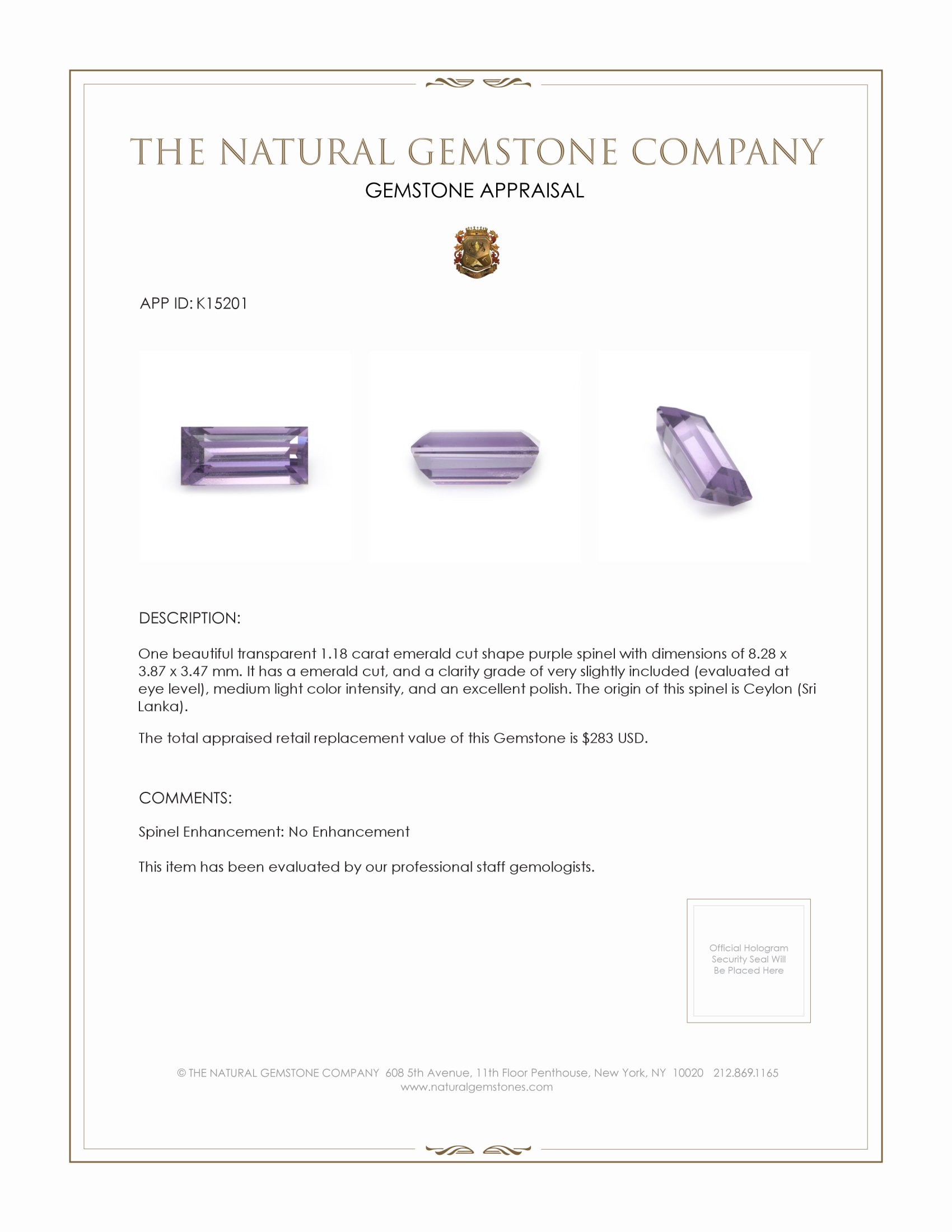 1.18 Ct. Spinel from Ceylon (Sri Lanka)