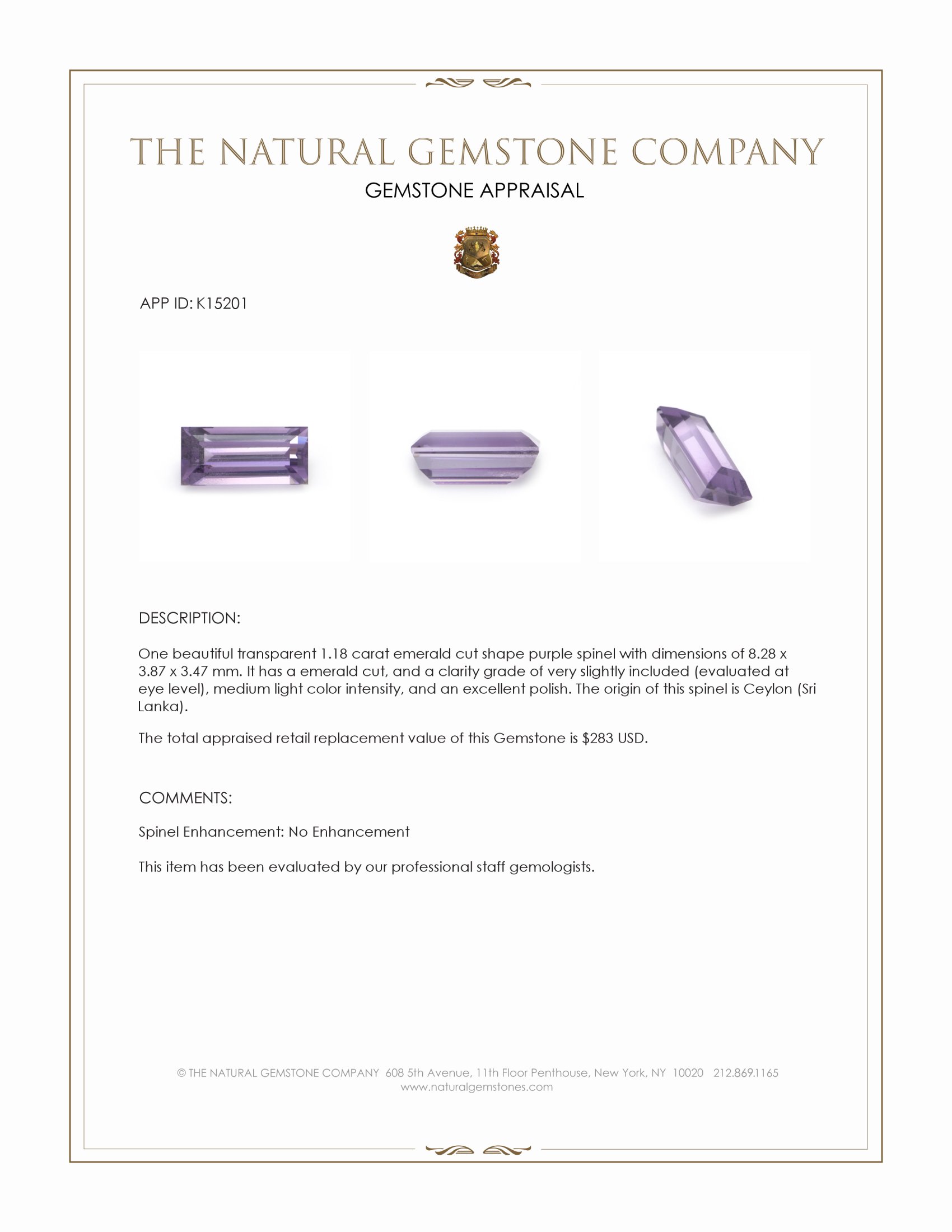 1.18 Ct. Spinel from Ceylon (Sri Lanka)