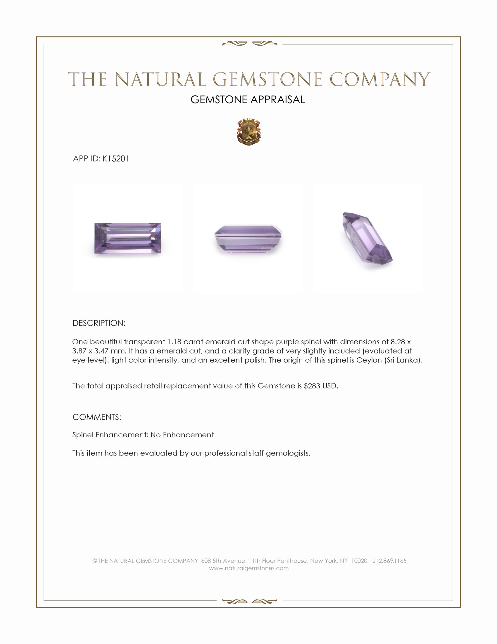 1.18 Ct. Spinel from Ceylon (Sri Lanka)