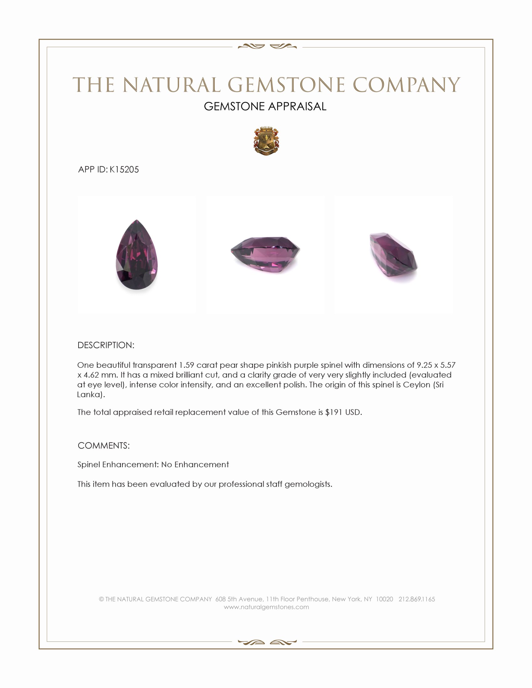 1.59 Ct. Pinkish Purple Spinel from Ceylon (Sri Lanka)
