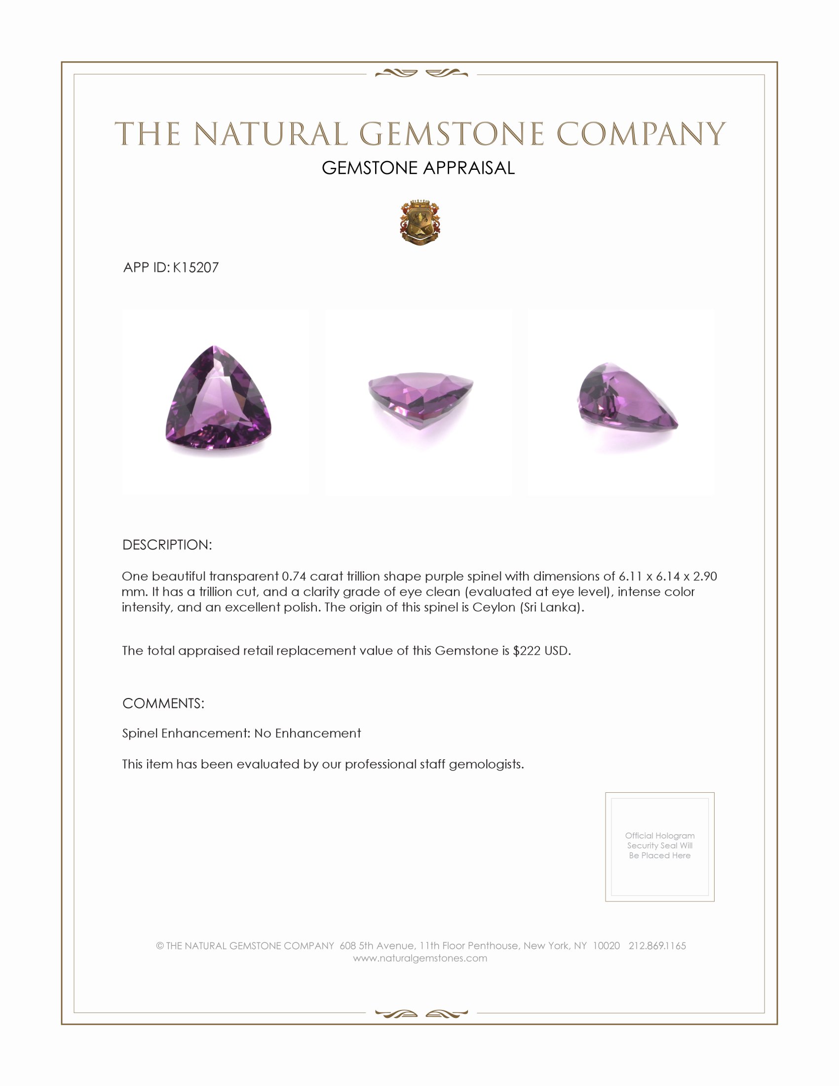 0.74 Ct. Purple Spinel from Ceylon (Sri Lanka)