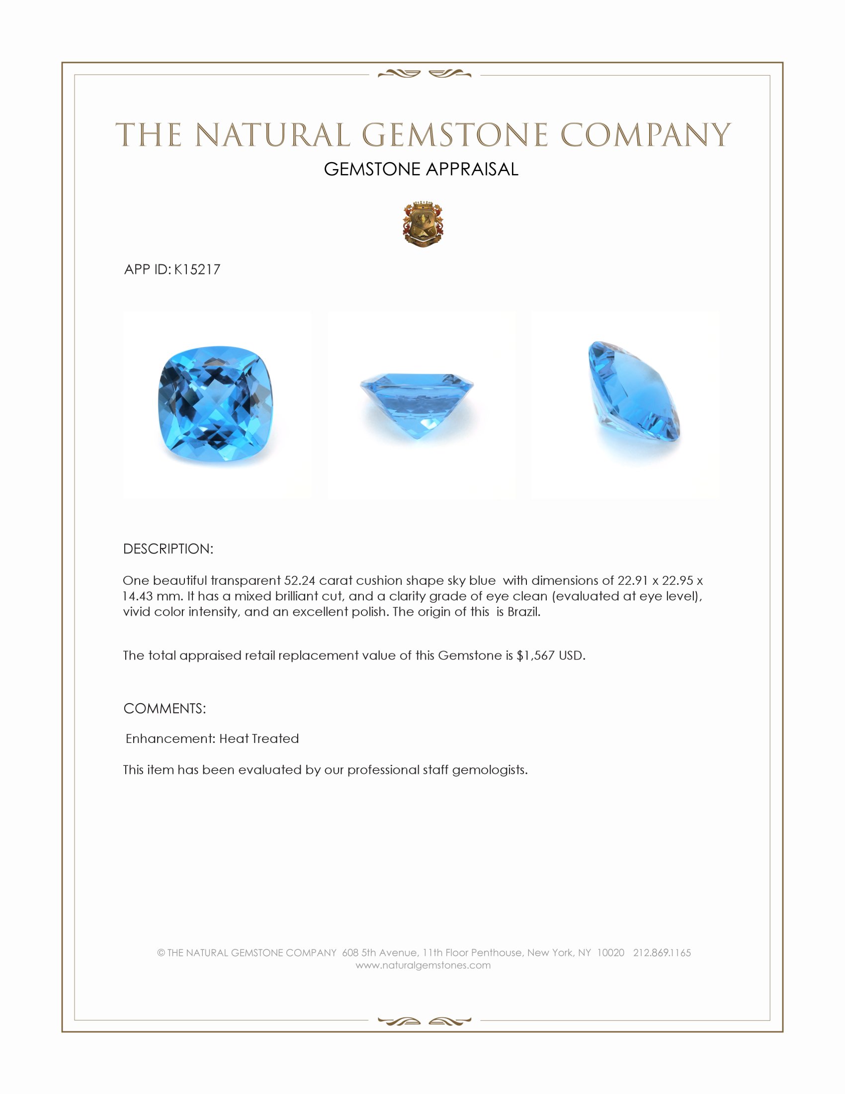 52.24 Ct. Sky Blue Topaz from Brazil