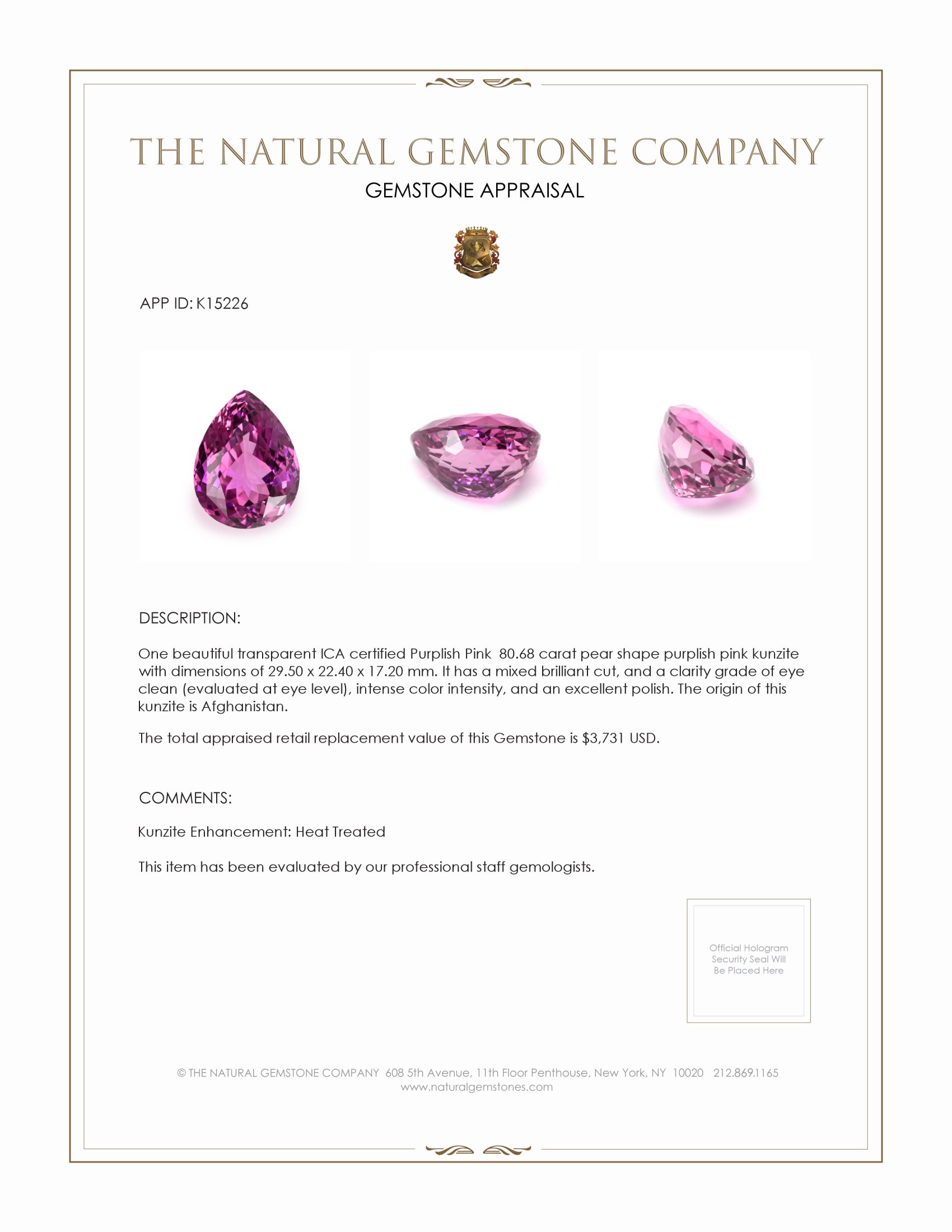 80.68 Ct. Kunzite from Afghanistan