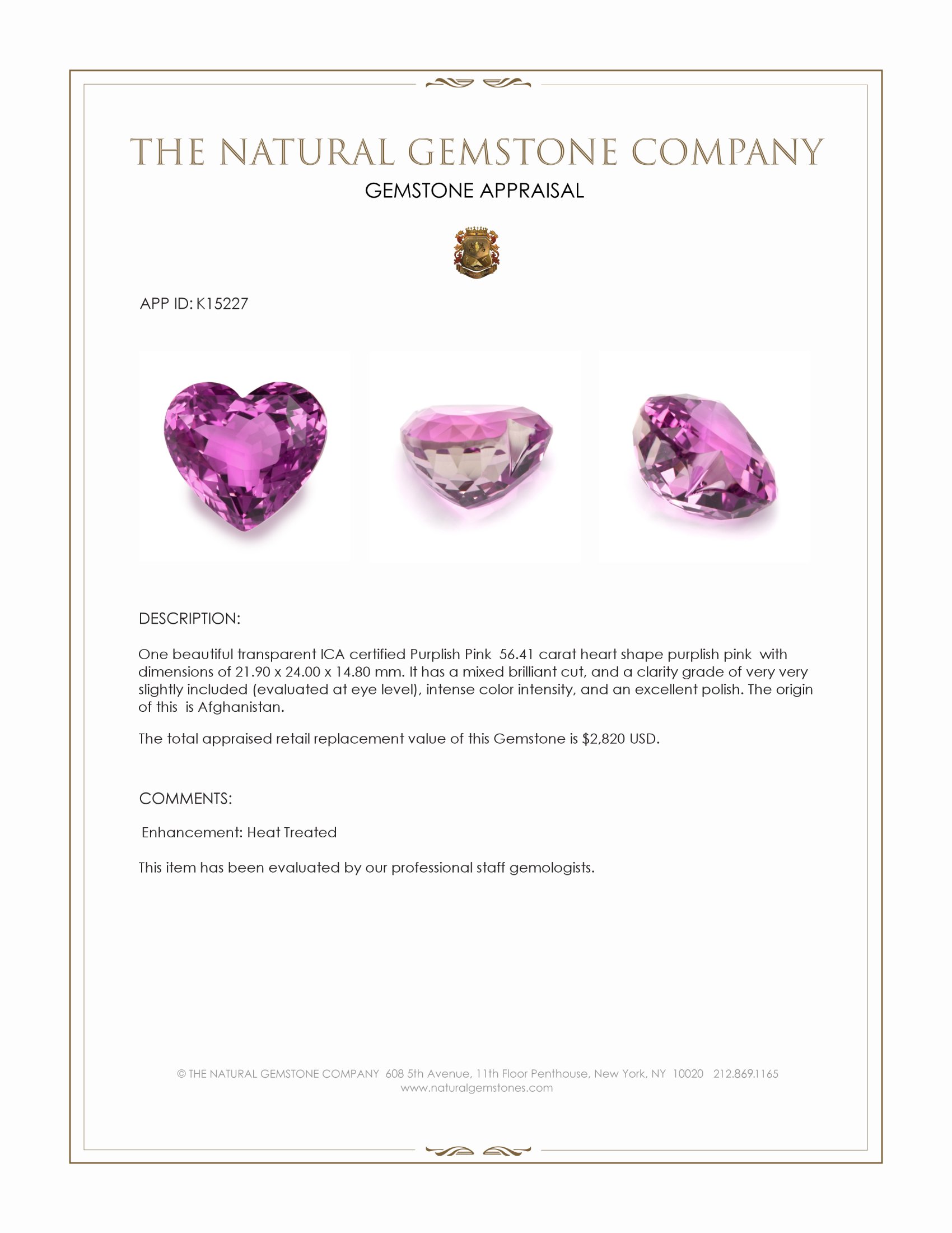 56.41 Ct. Purplish Pink Kunzite from Afghanistan