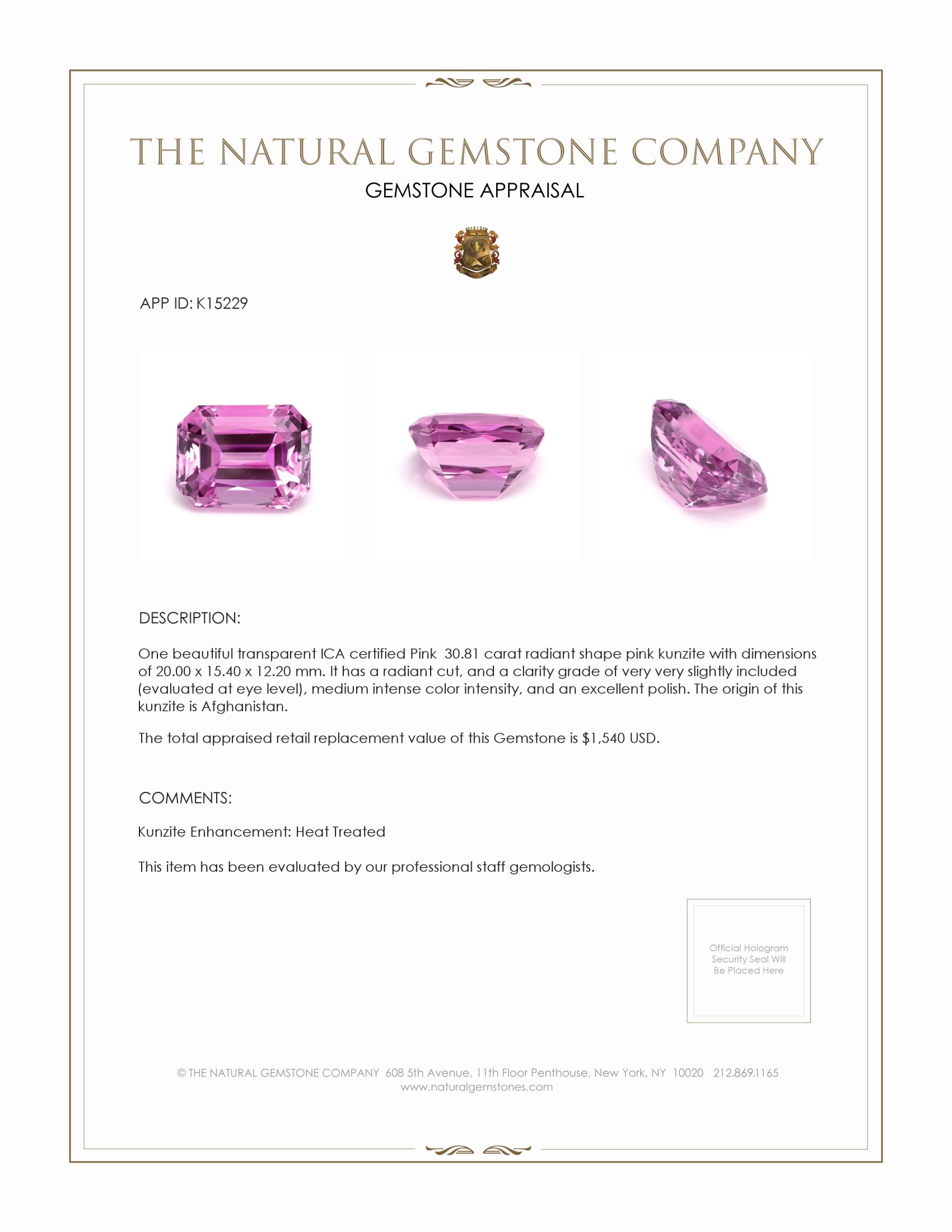 30.81 Ct. Kunzite from Afghanistan