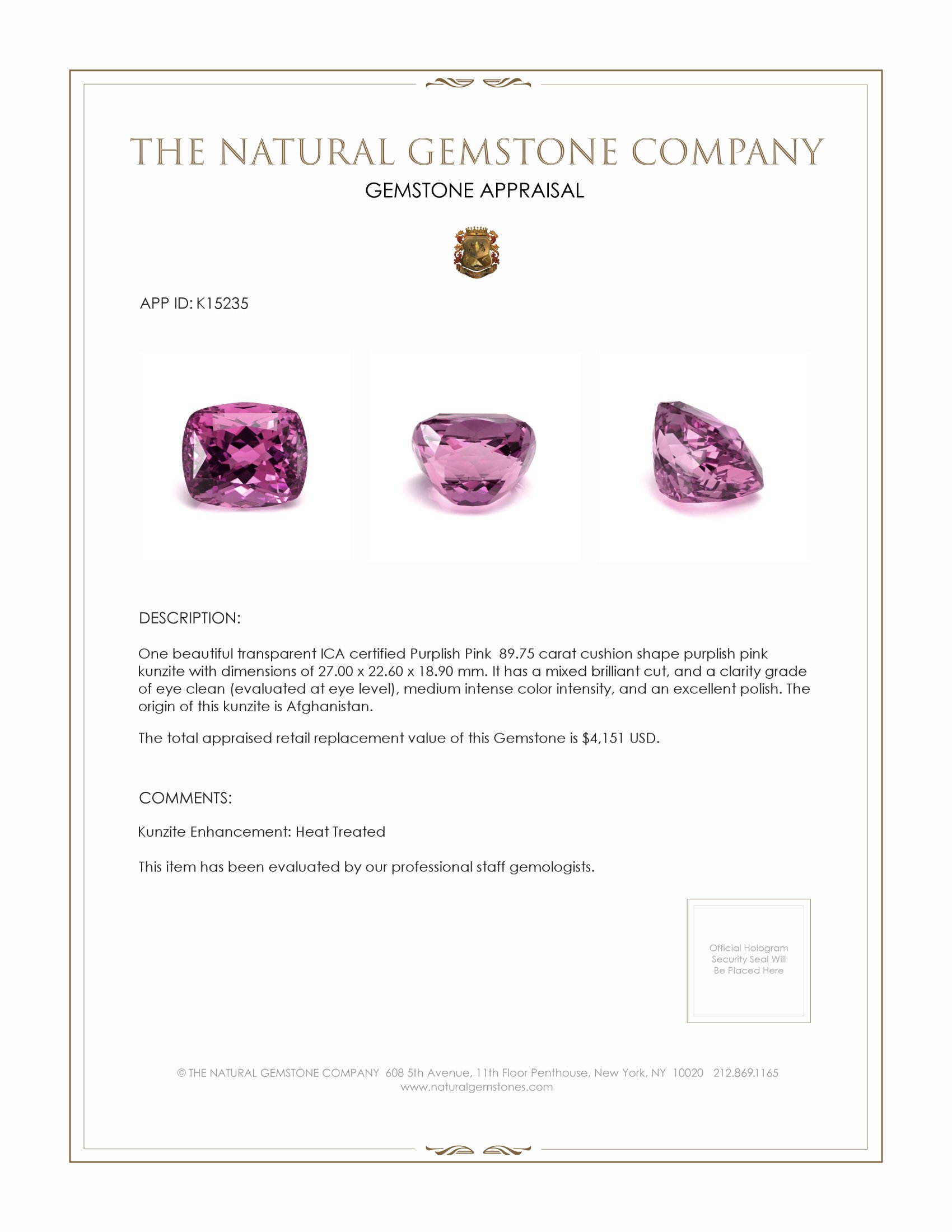 89.75 Ct. Kunzite from Afghanistan