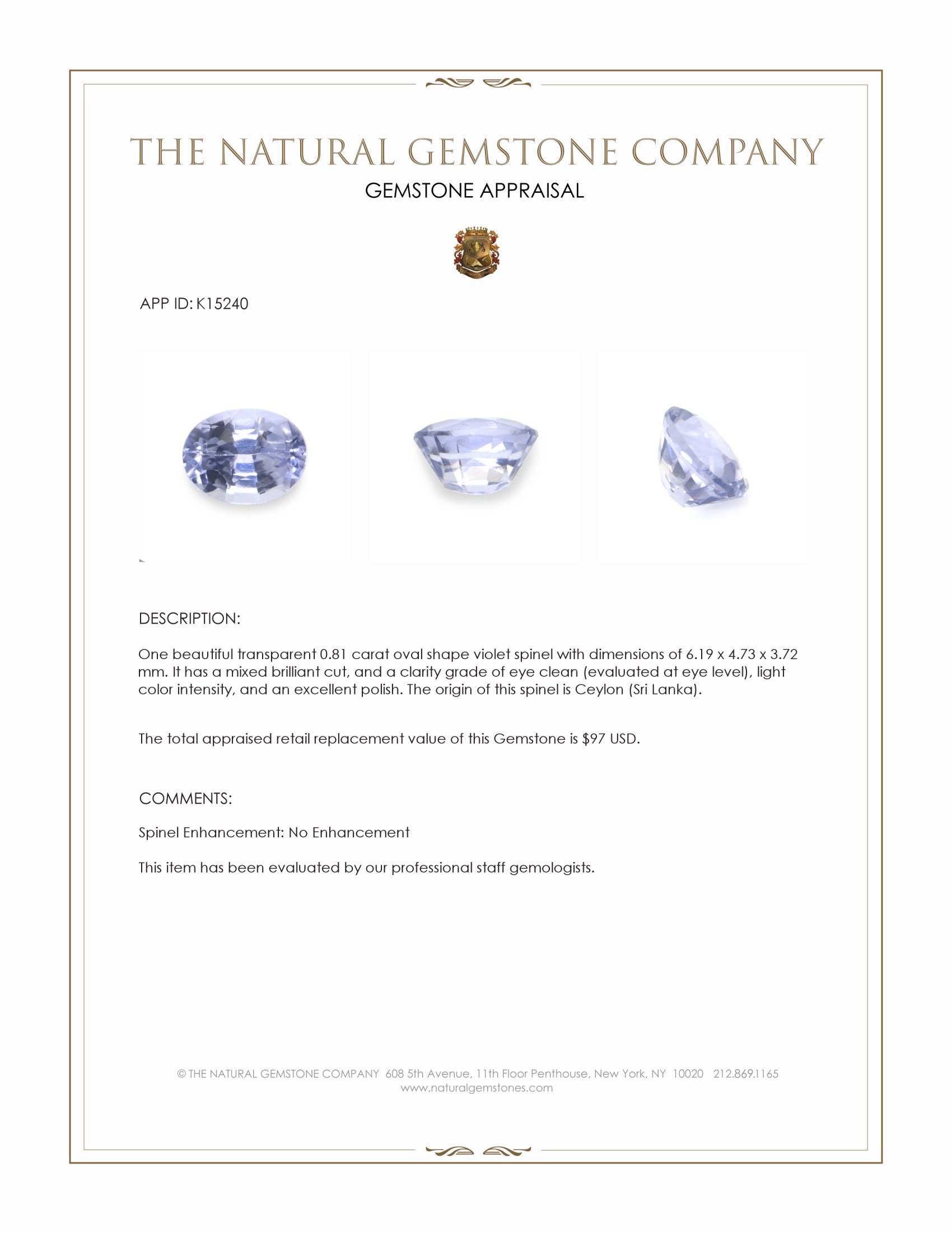 0.81 Ct. Violet Spinel from Ceylon (Sri Lanka)