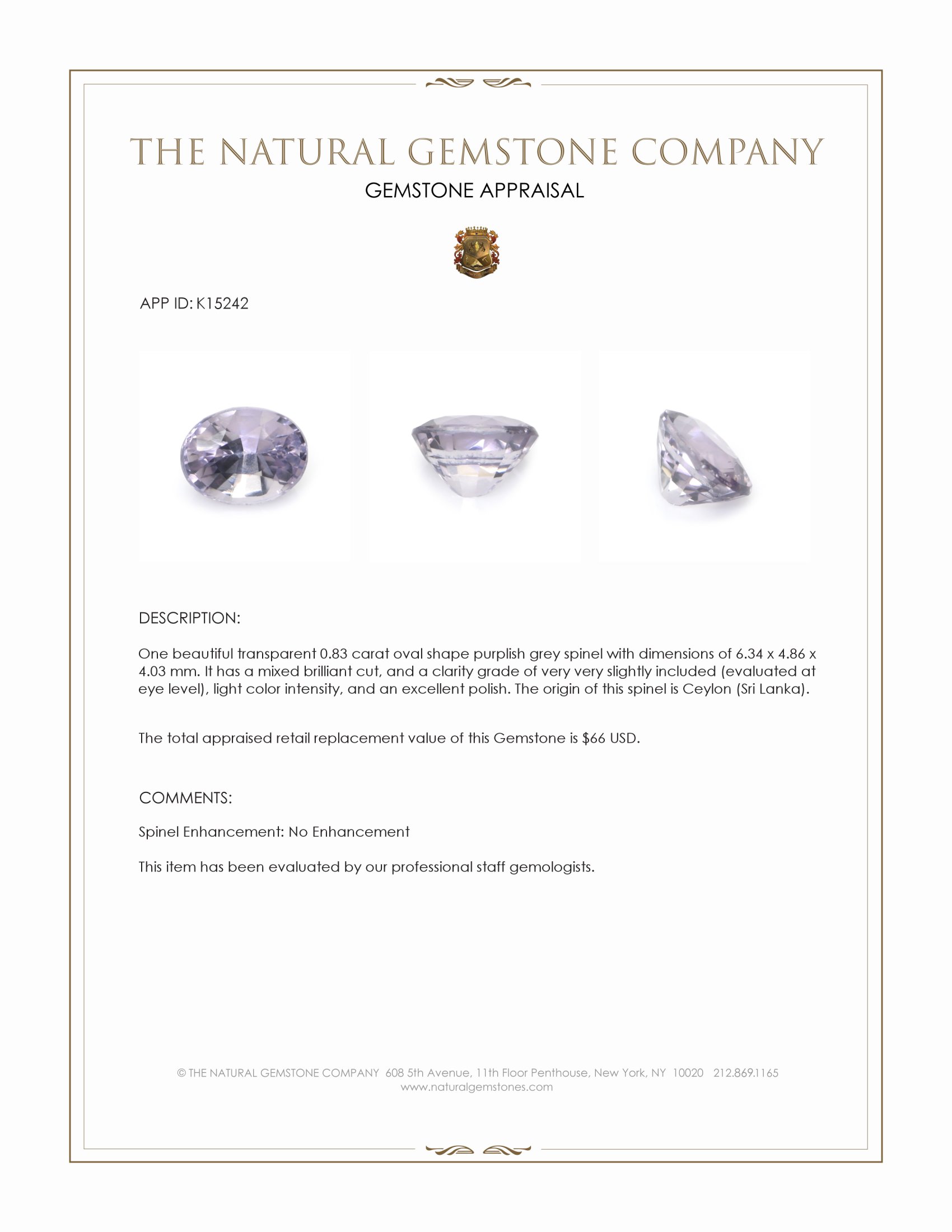 0.83 Ct. Purplish Grey Spinel from Ceylon (Sri Lanka)