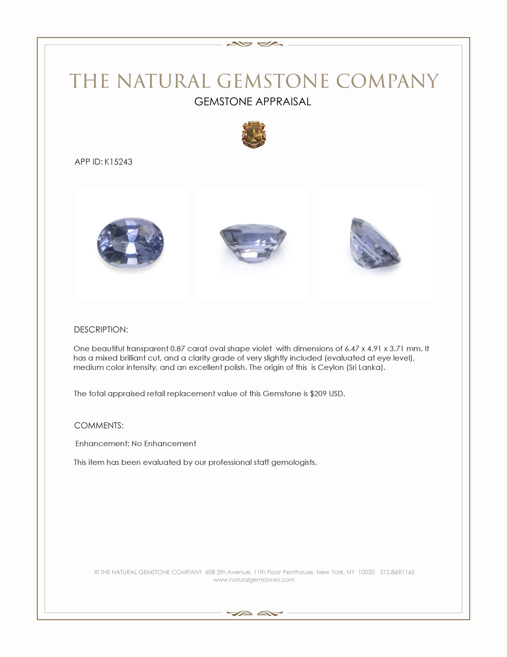 0.87 Ct. Violet Spinel from Ceylon (Sri Lanka)