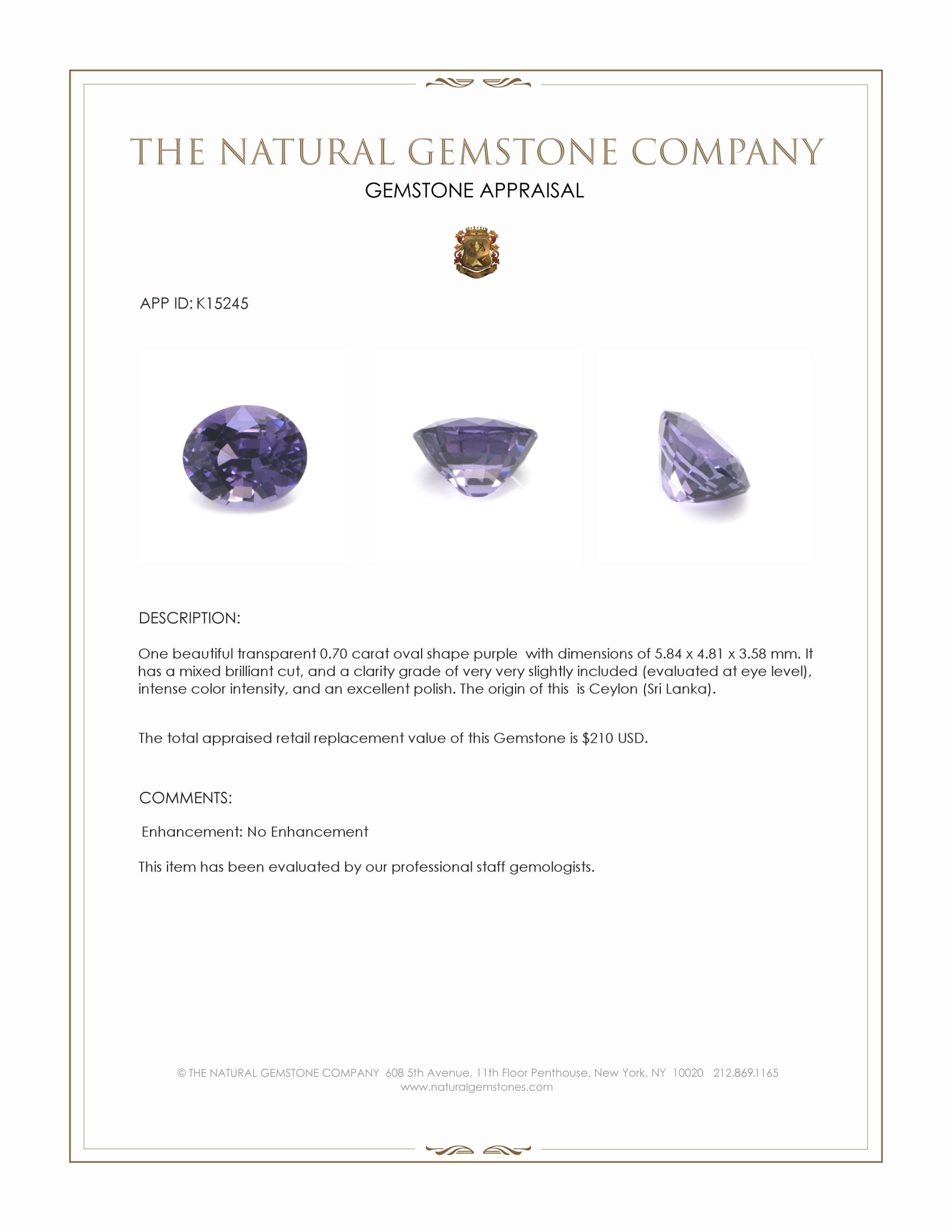 0.70 Ct. Purple Spinel from Ceylon (Sri Lanka)