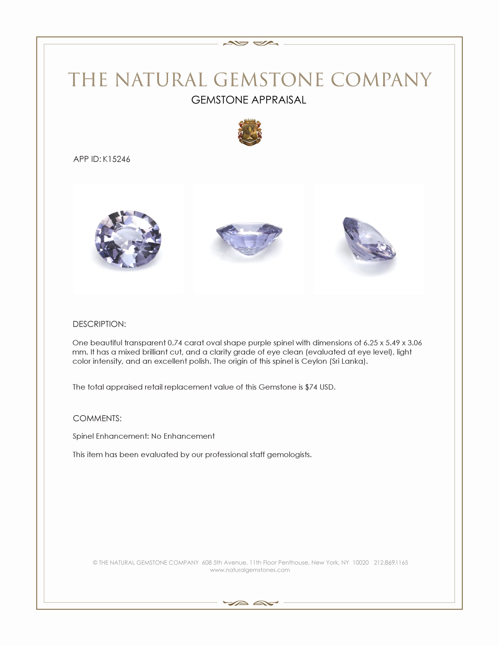 0.74 Ct. Purple Spinel from Ceylon (Sri Lanka)