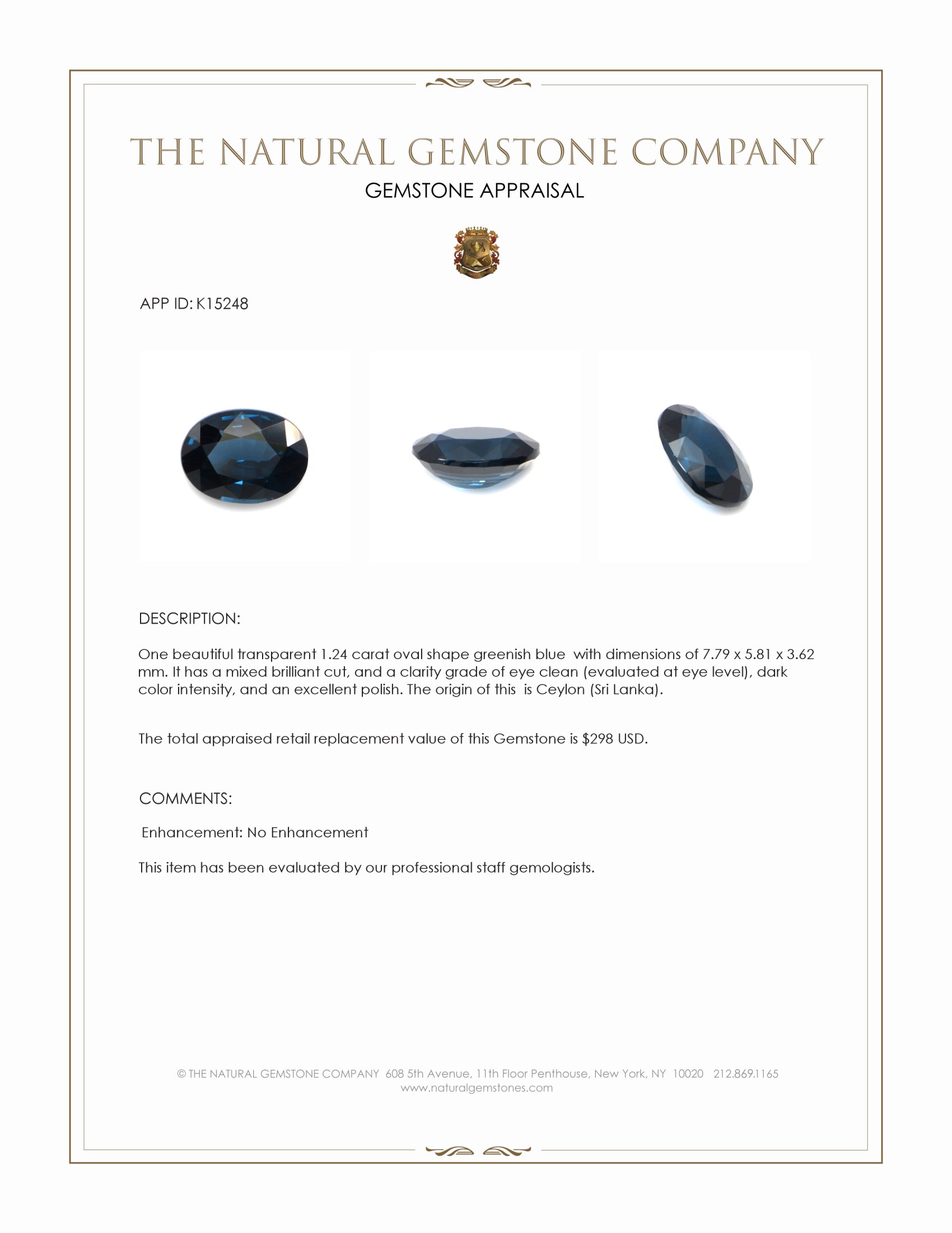 1.24 Ct. Greenish Blue Spinel from Ceylon (Sri Lanka)