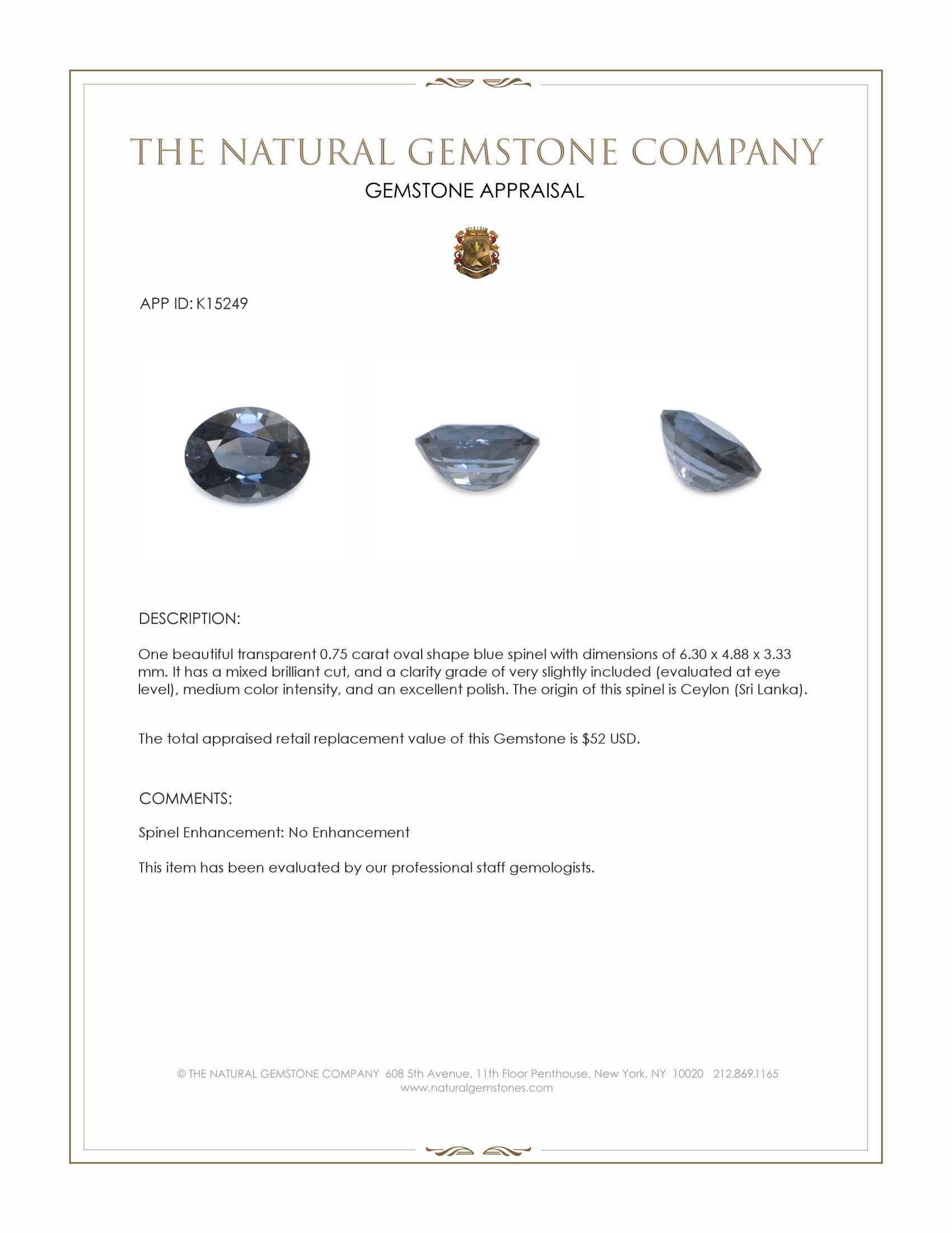 0.75 Ct. Blue Spinel from Ceylon (Sri Lanka)
