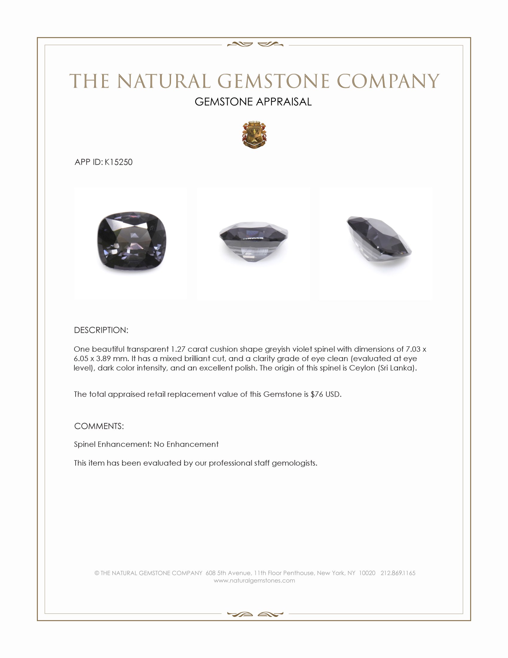 1.27 Ct. Greyish Violet Spinel from Ceylon (Sri Lanka)