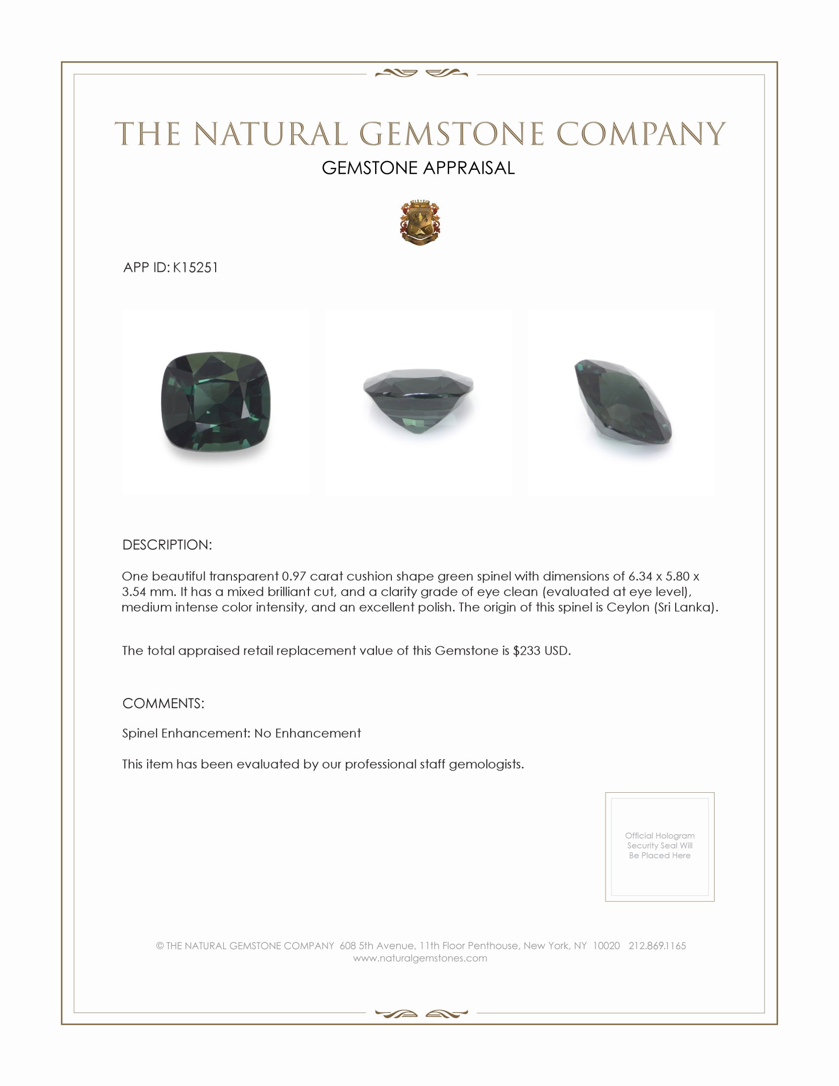 0.97 Ct. Green Spinel from Ceylon (Sri Lanka)