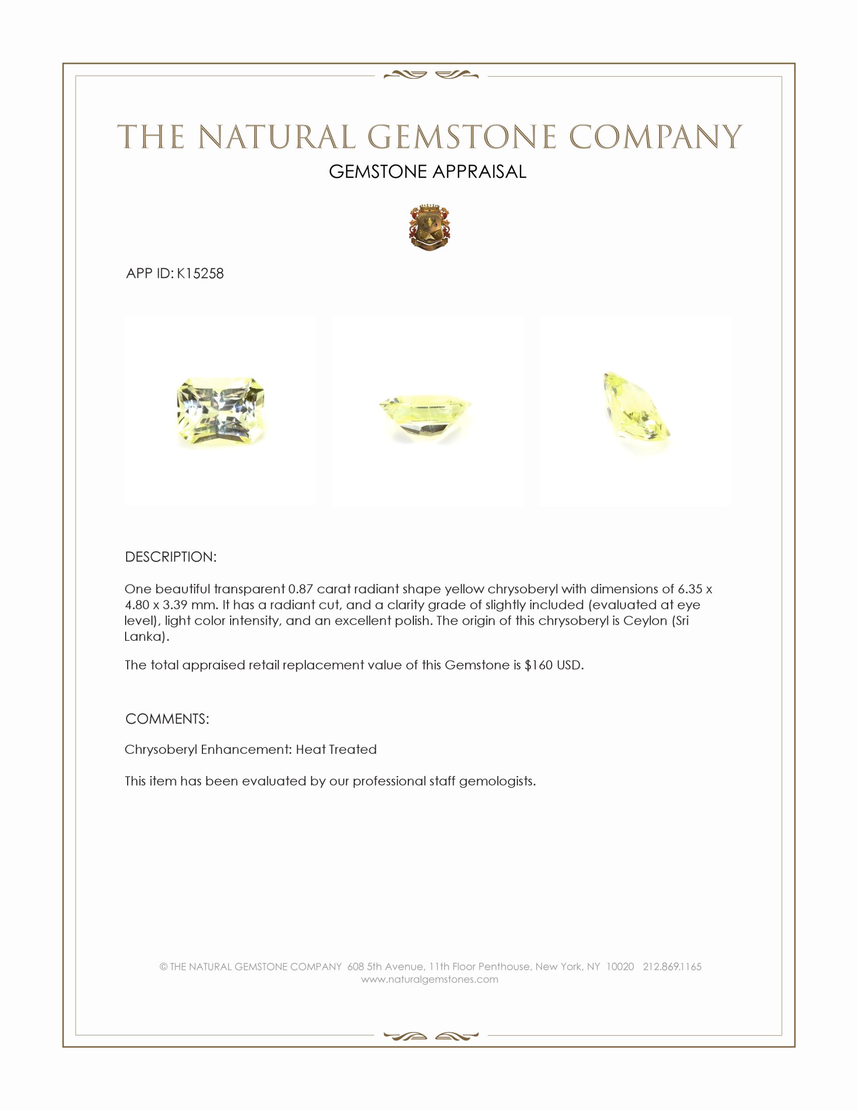 0.87 Ct. Chrysoberyl from Ceylon (Sri Lanka)