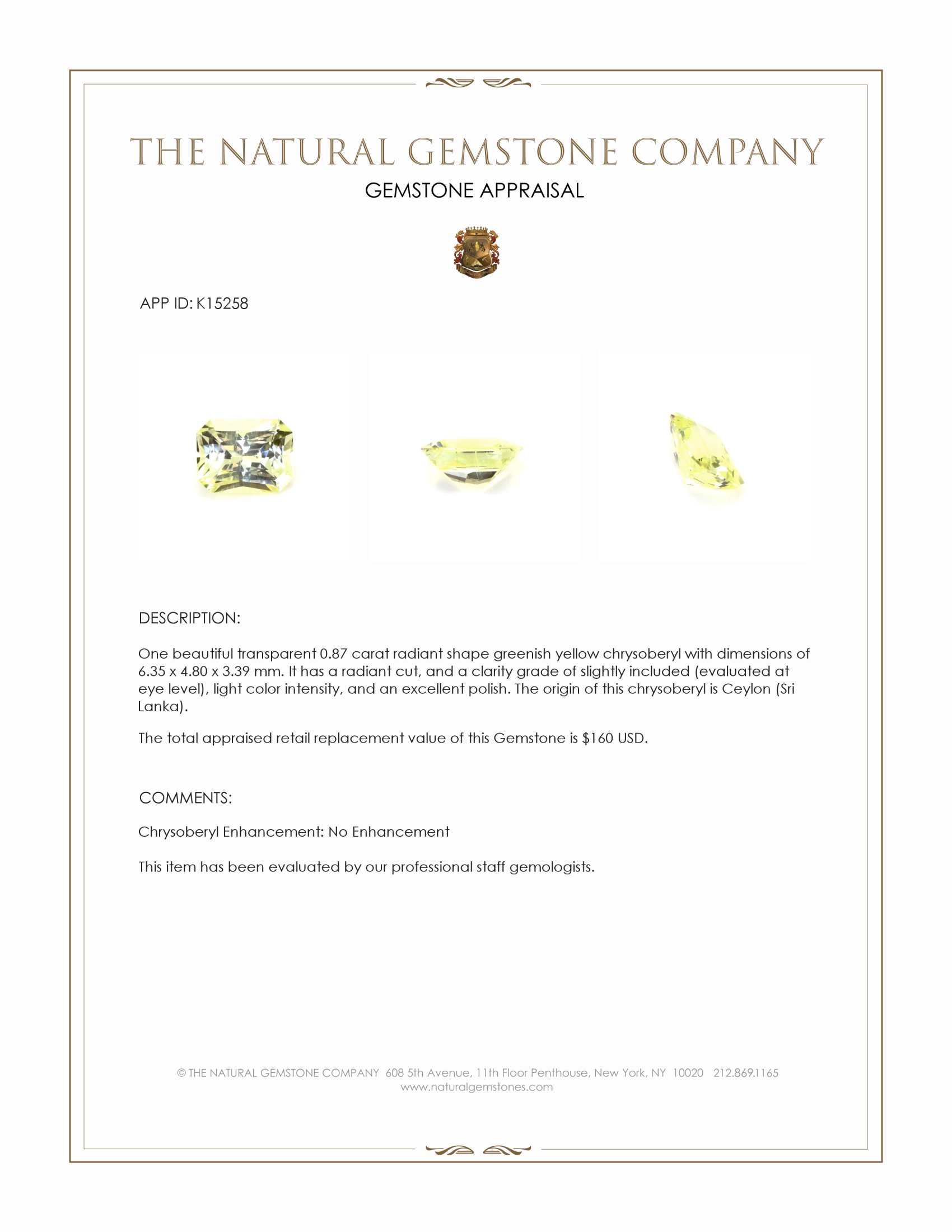 0.87 Ct. Greenish Yellow Chrysoberyl from Ceylon (Sri Lanka)