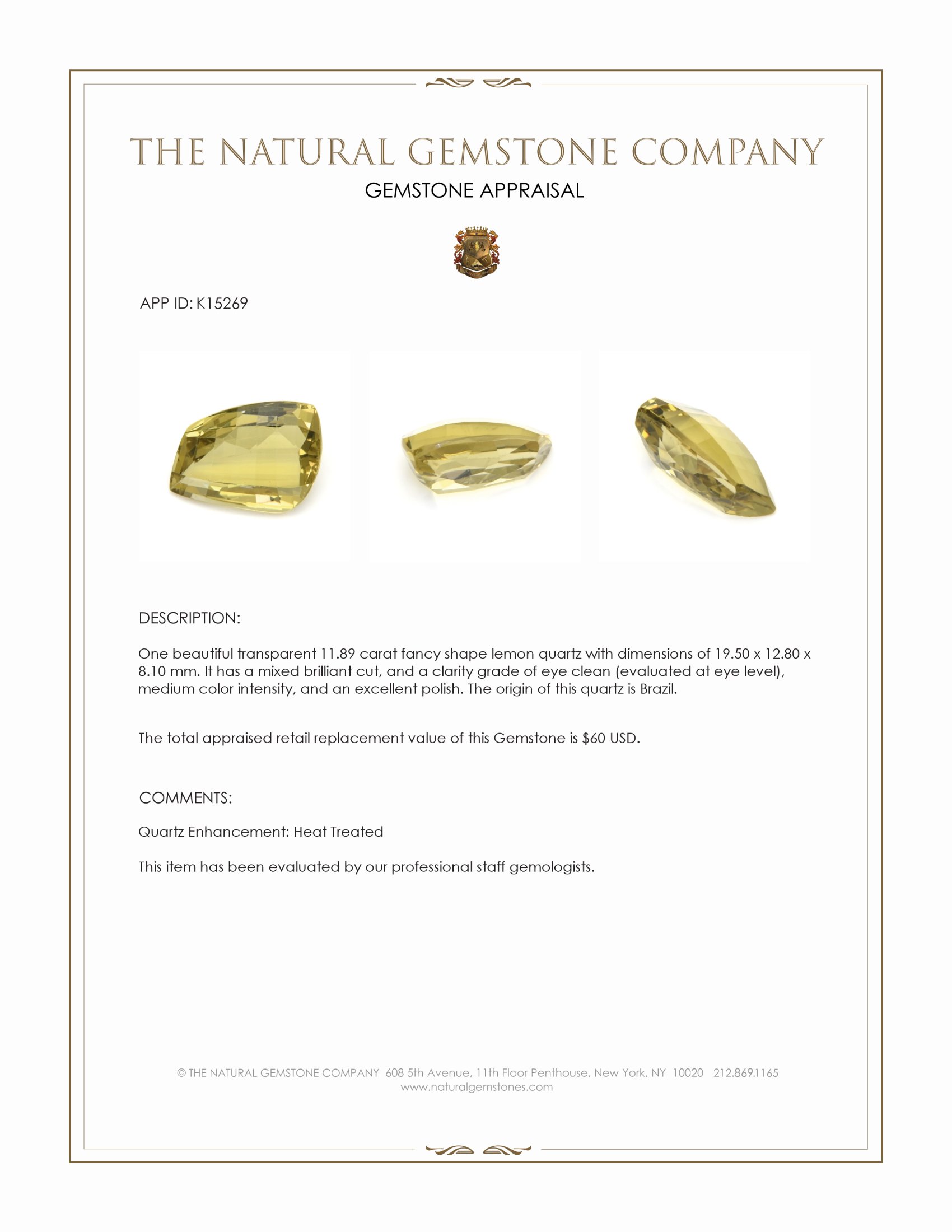 11.89 Ct. Lemon Quartz from Brazil