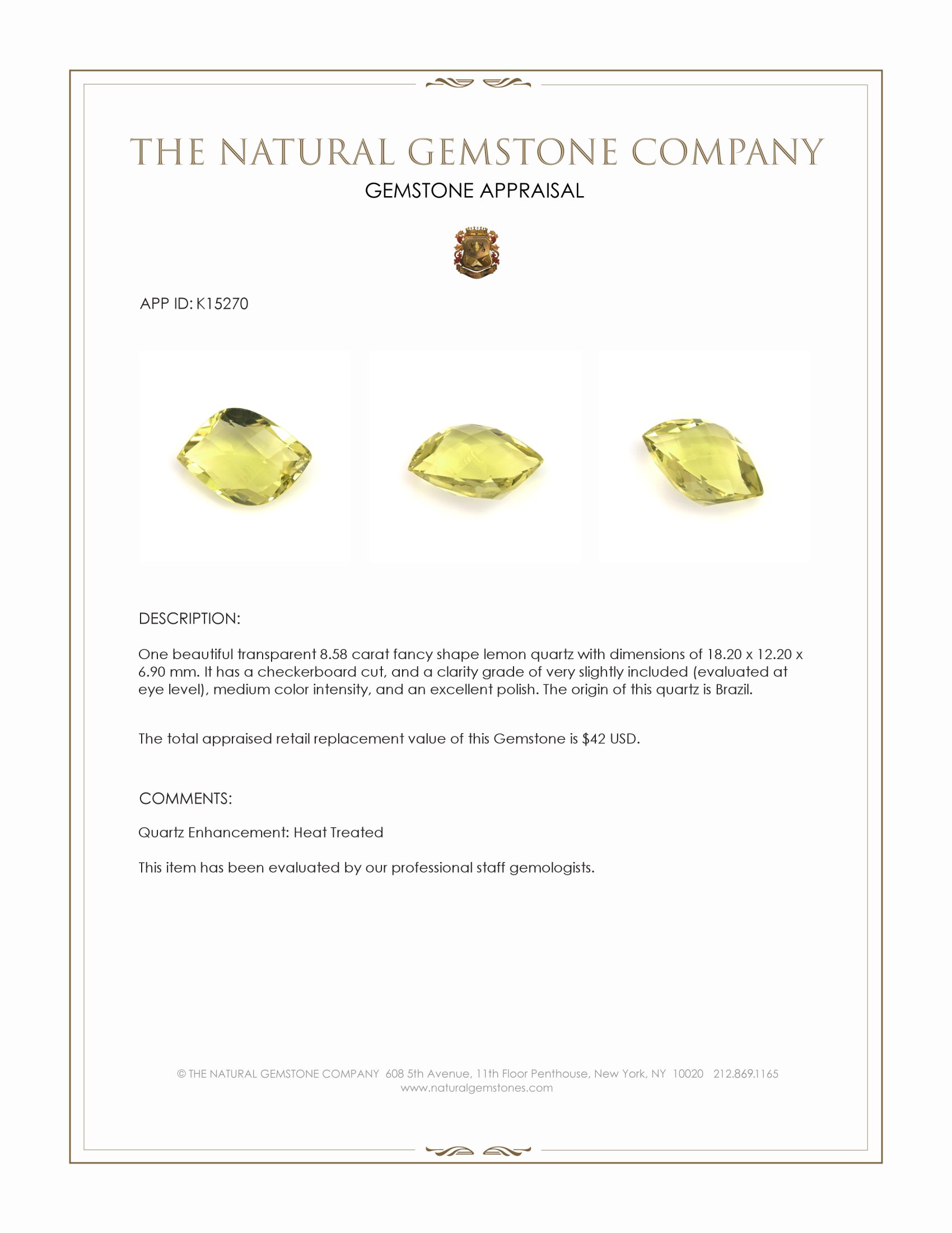 8.58 Ct. Quartz from Brazil