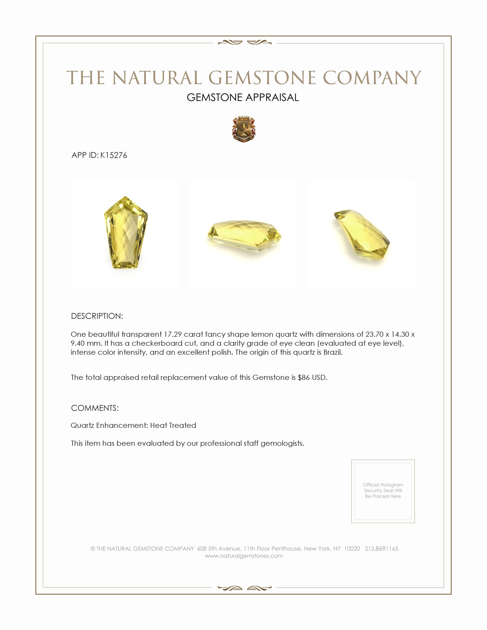 17.29 Ct. Quartz from Brazil