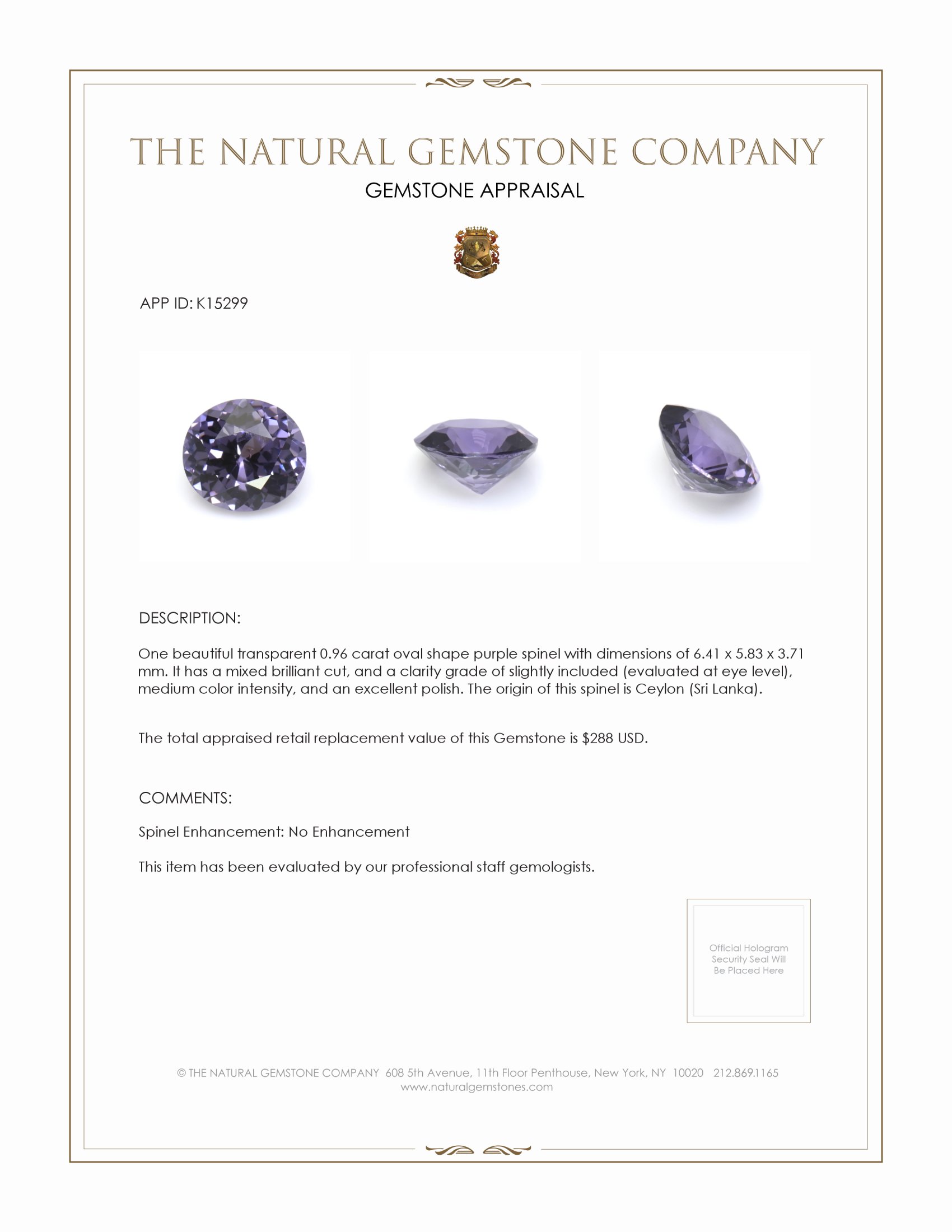 0.96 Ct. Purple Spinel from Ceylon (Sri Lanka)