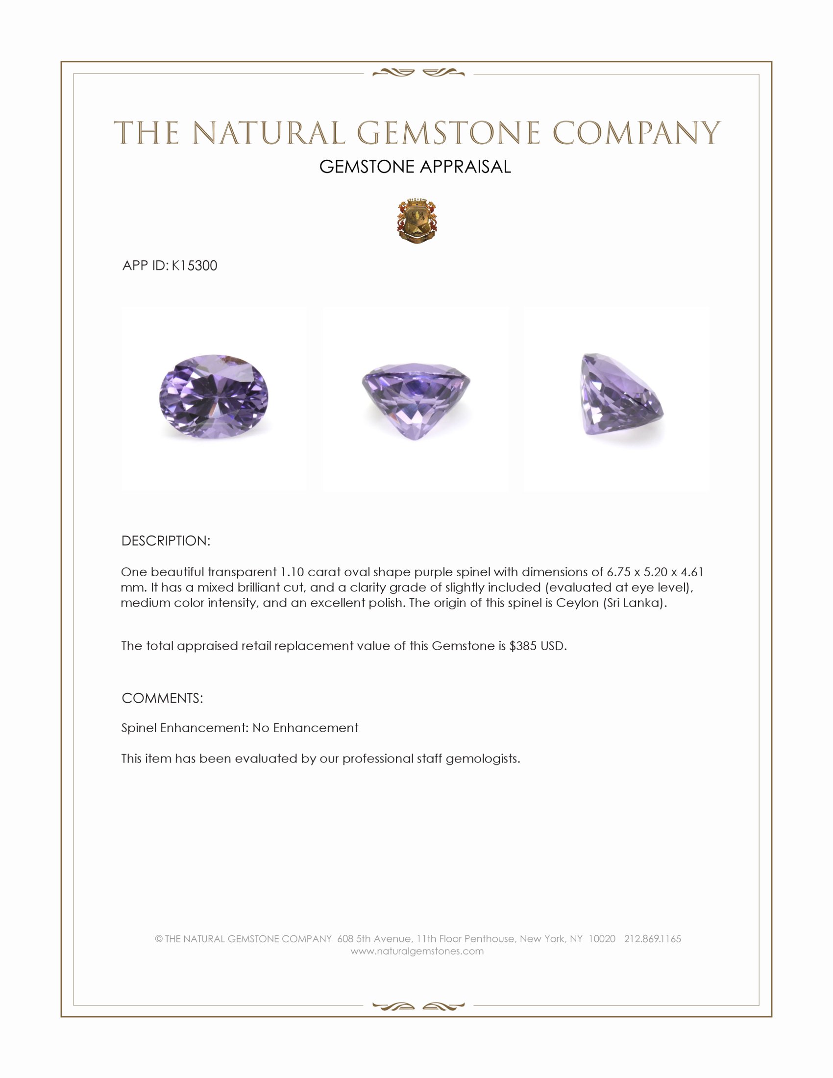1.10 Ct. Purple Spinel from Ceylon (Sri Lanka)