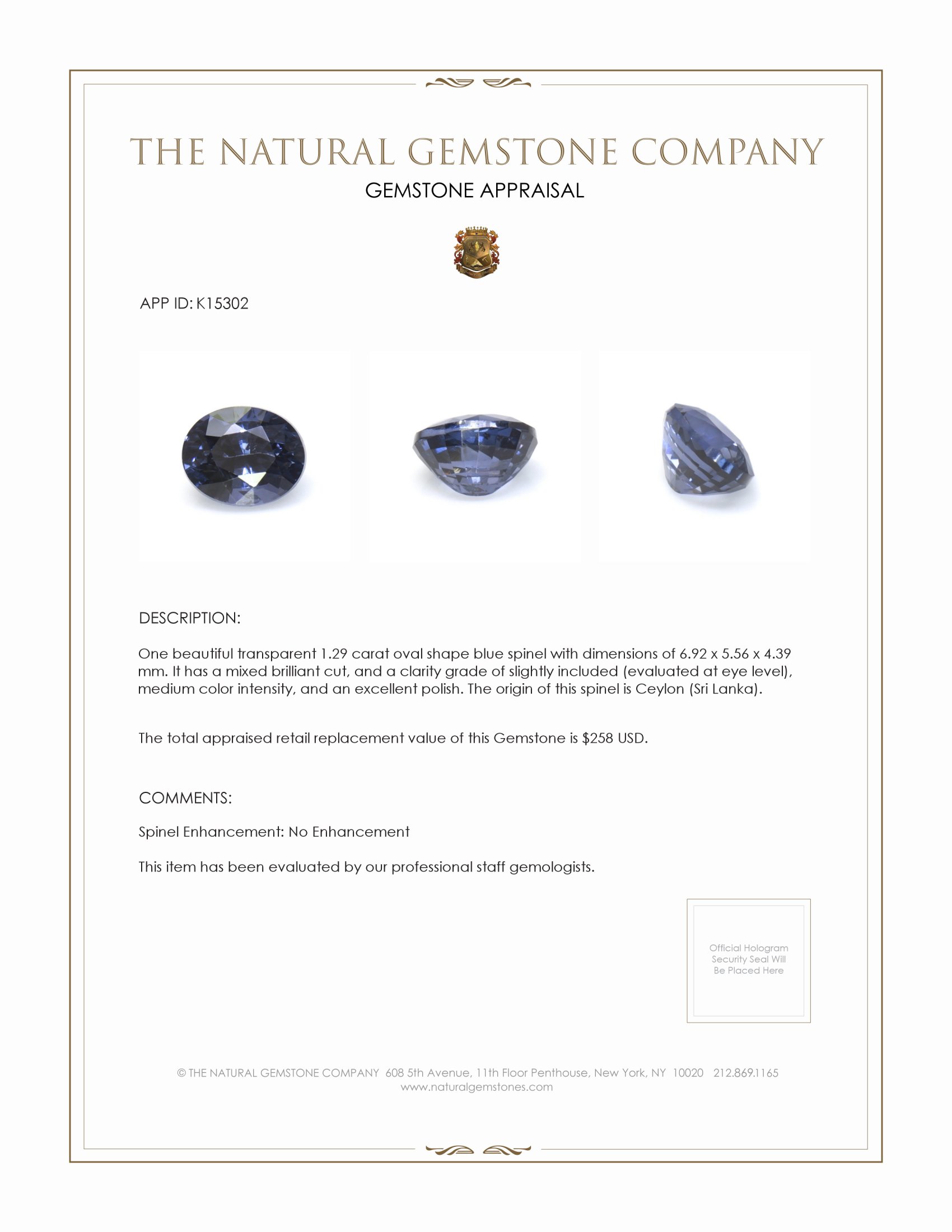 1.29 Ct. Blue Spinel from Ceylon (Sri Lanka)