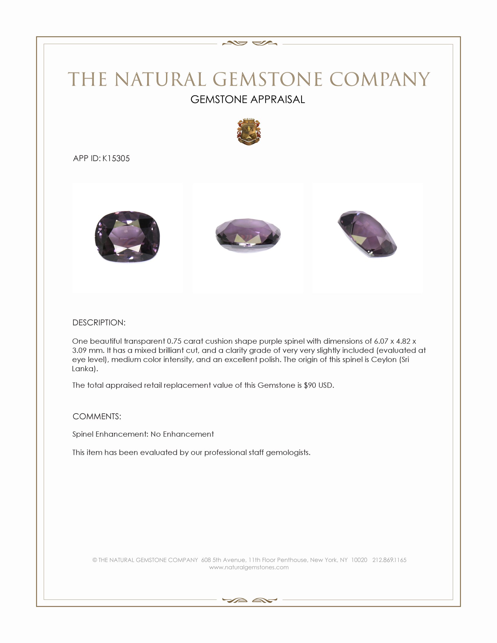 0.75 Ct. Purple Spinel from Ceylon (Sri Lanka)