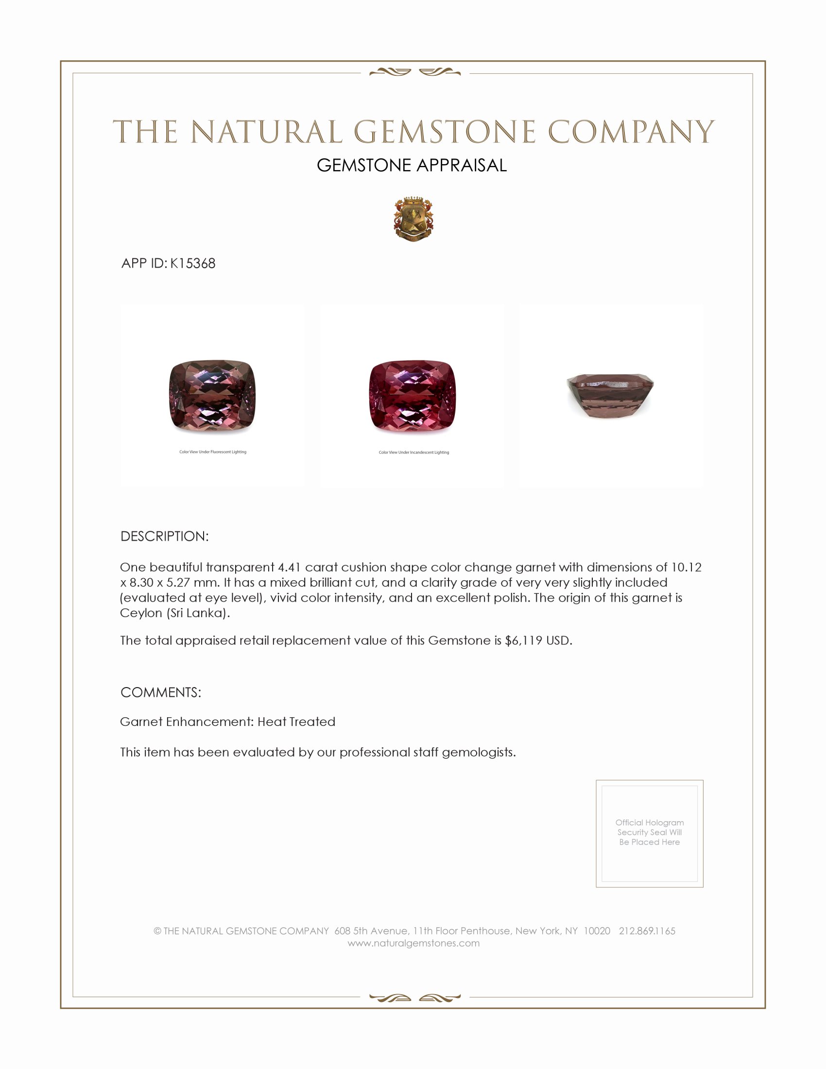 4.41 Ct. Garnet from Ceylon (Sri Lanka)