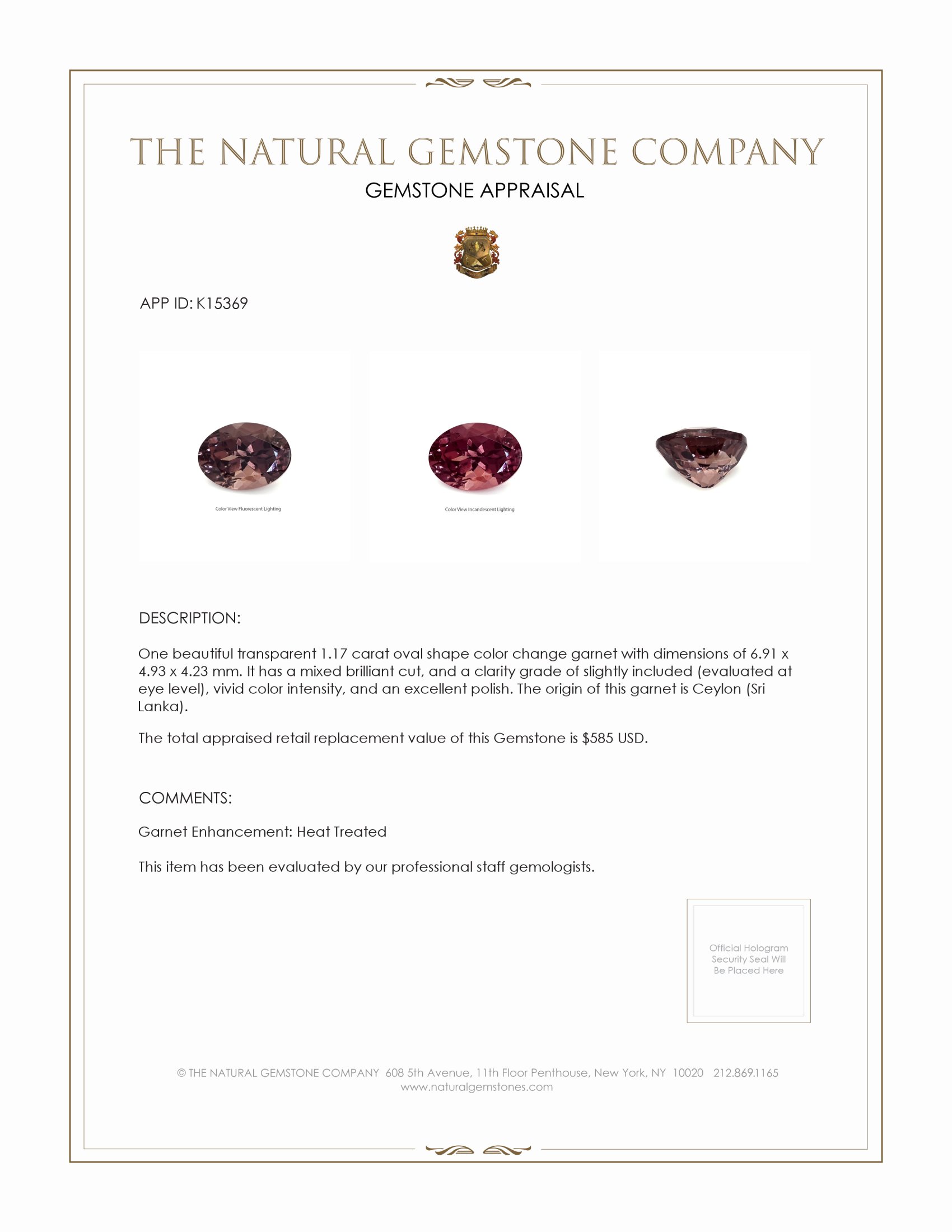 1.17 Ct. Color Change Garnet from Ceylon (Sri Lanka)