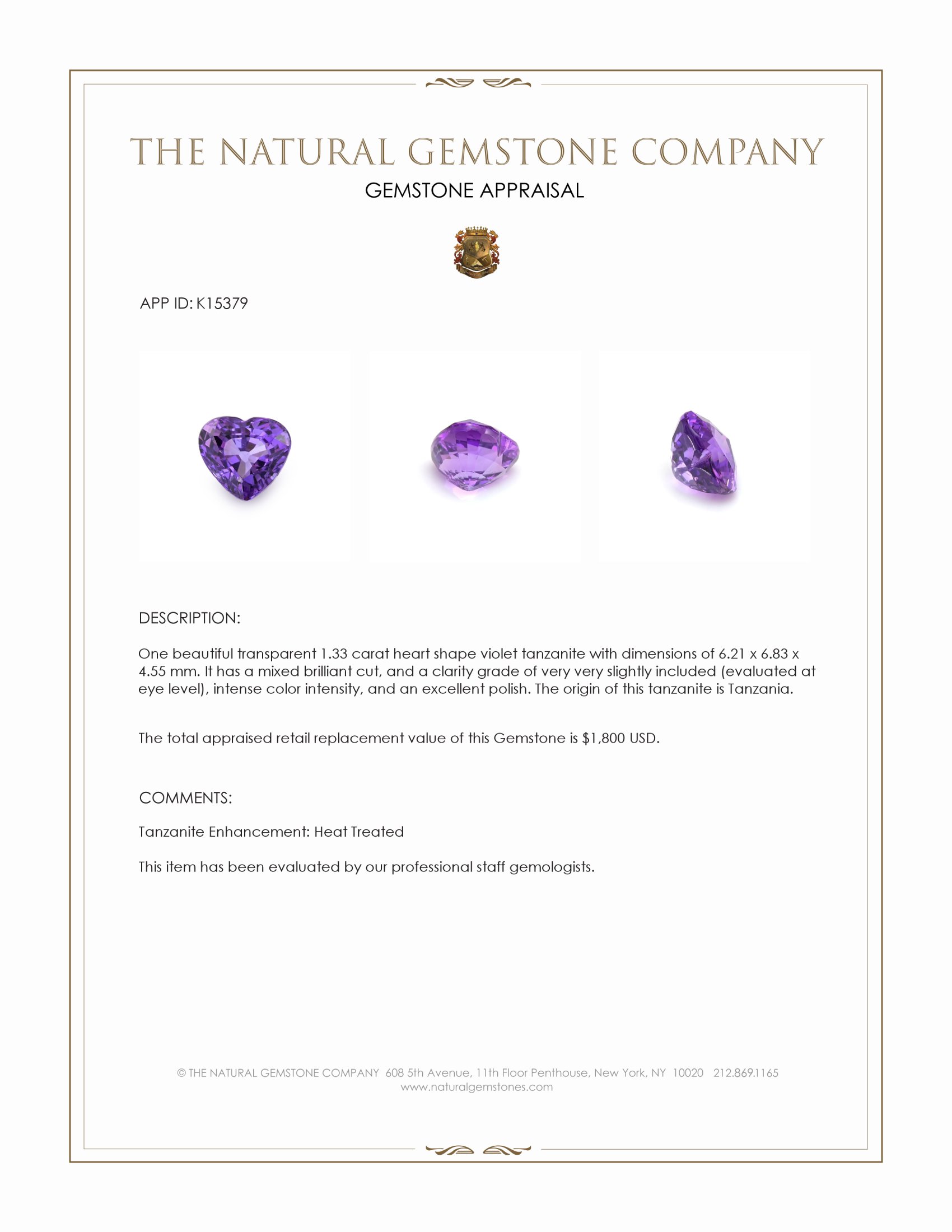 1.33 Ct. Violet Tanzanite from Tanzania