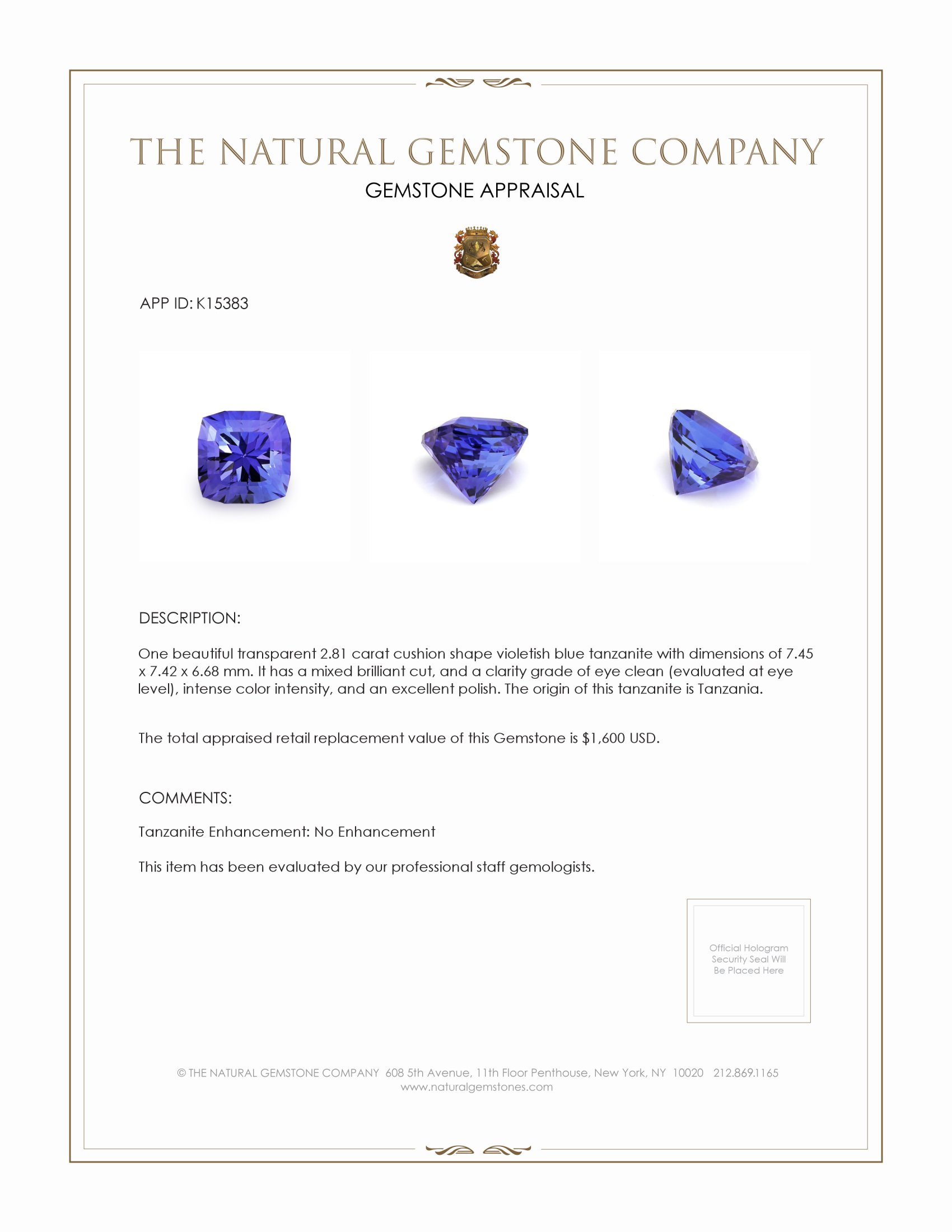 2.81 Ct. Tanzanite from Tanzania