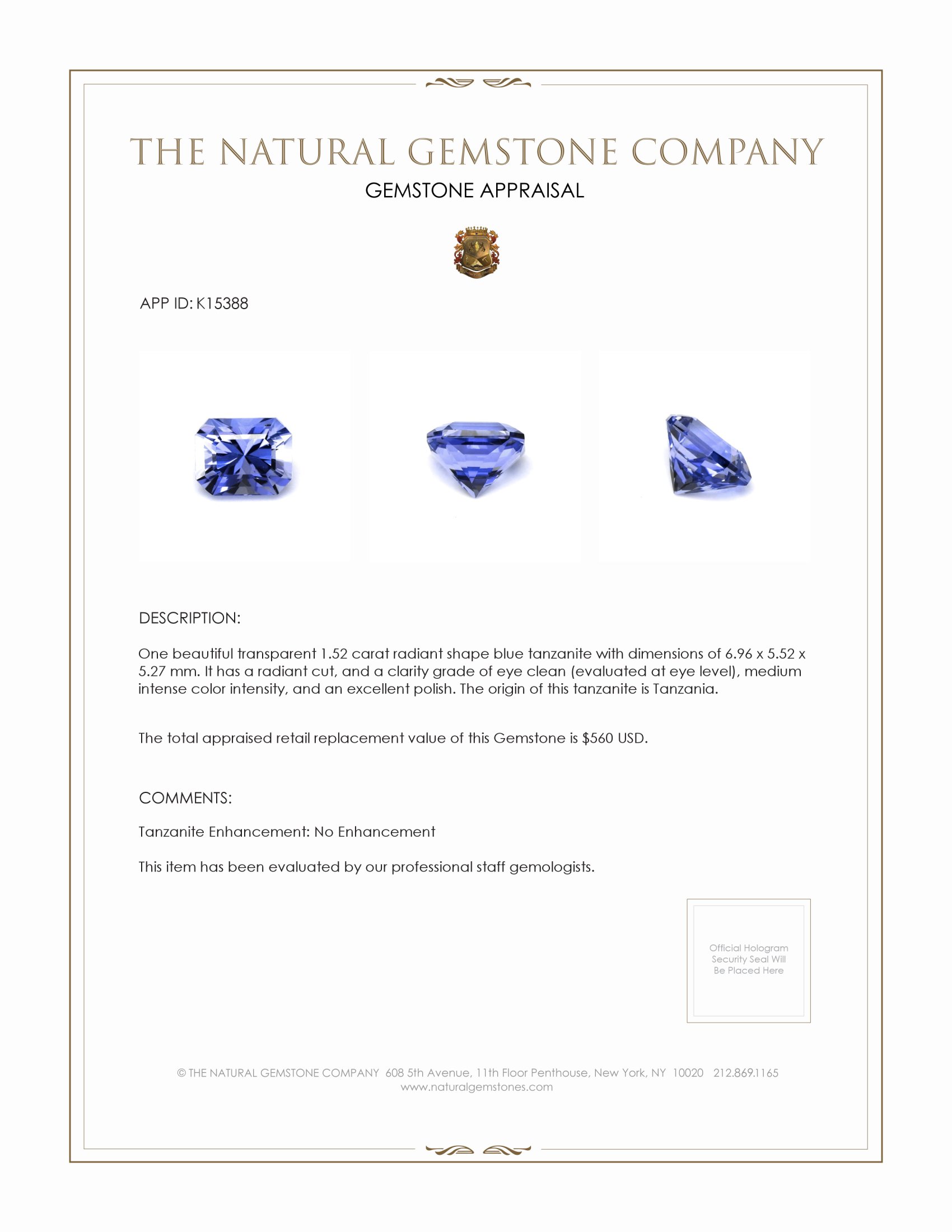 1.52 Ct. Tanzanite from Tanzania