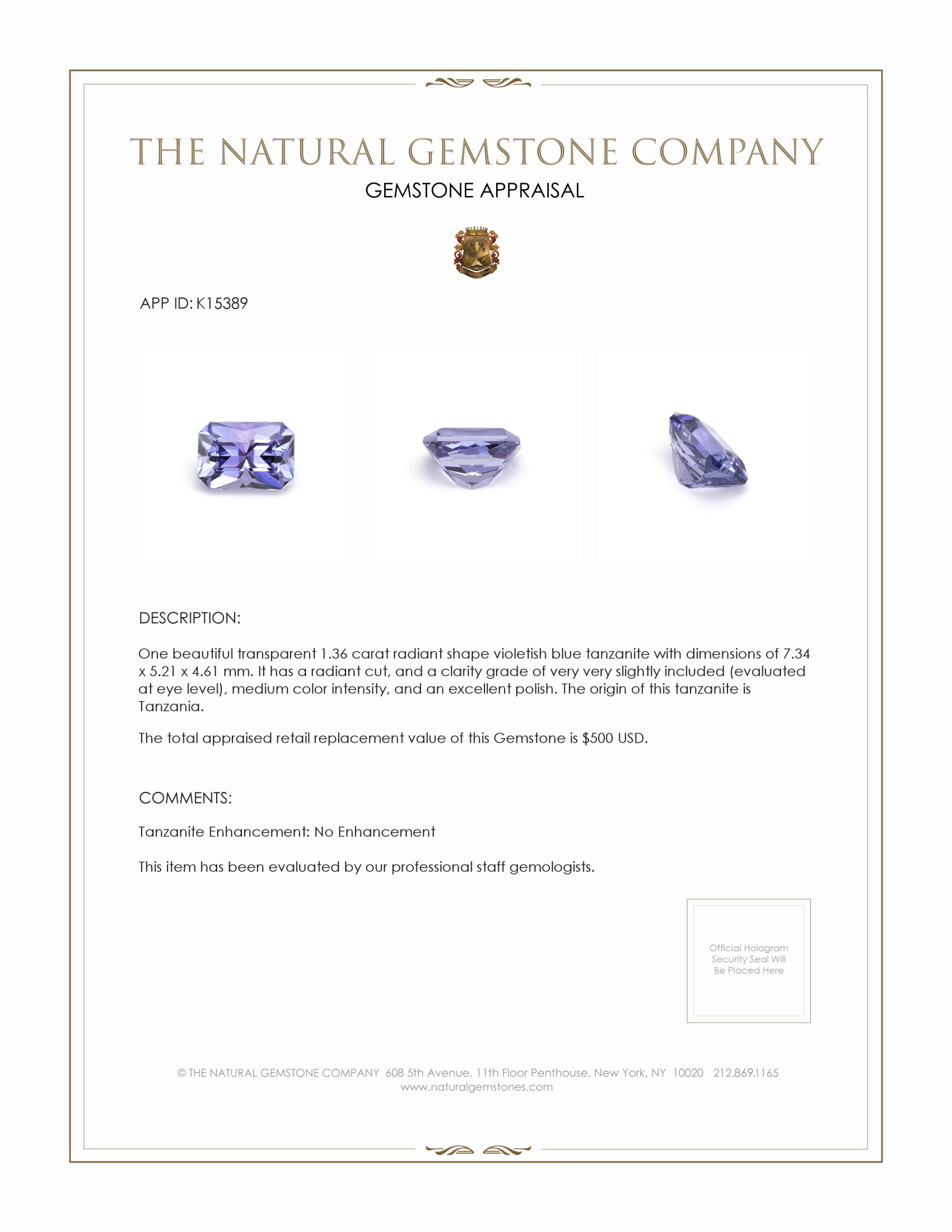 1.36 Ct. Tanzanite from Tanzania