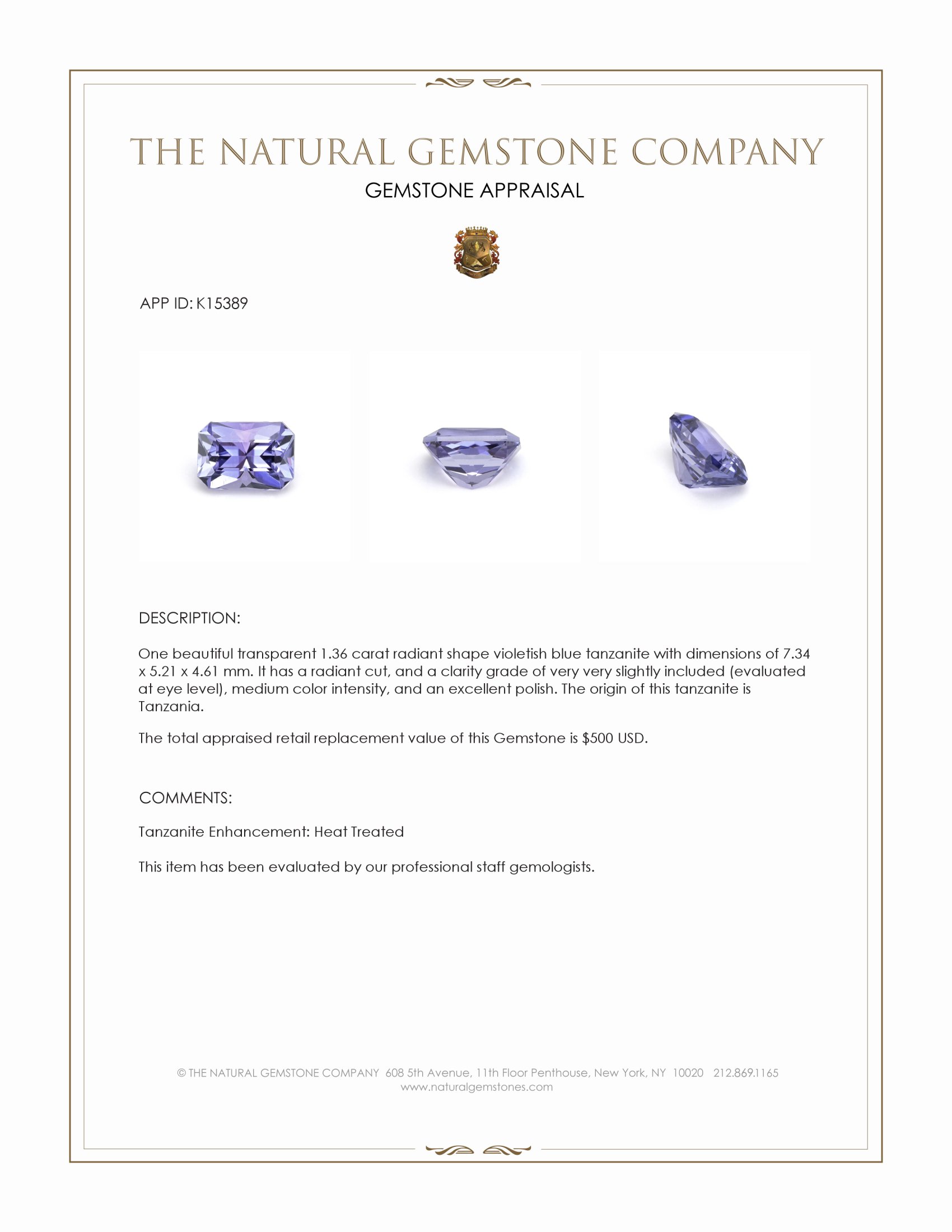 1.36 Ct. Violetish Blue Tanzanite from Tanzania